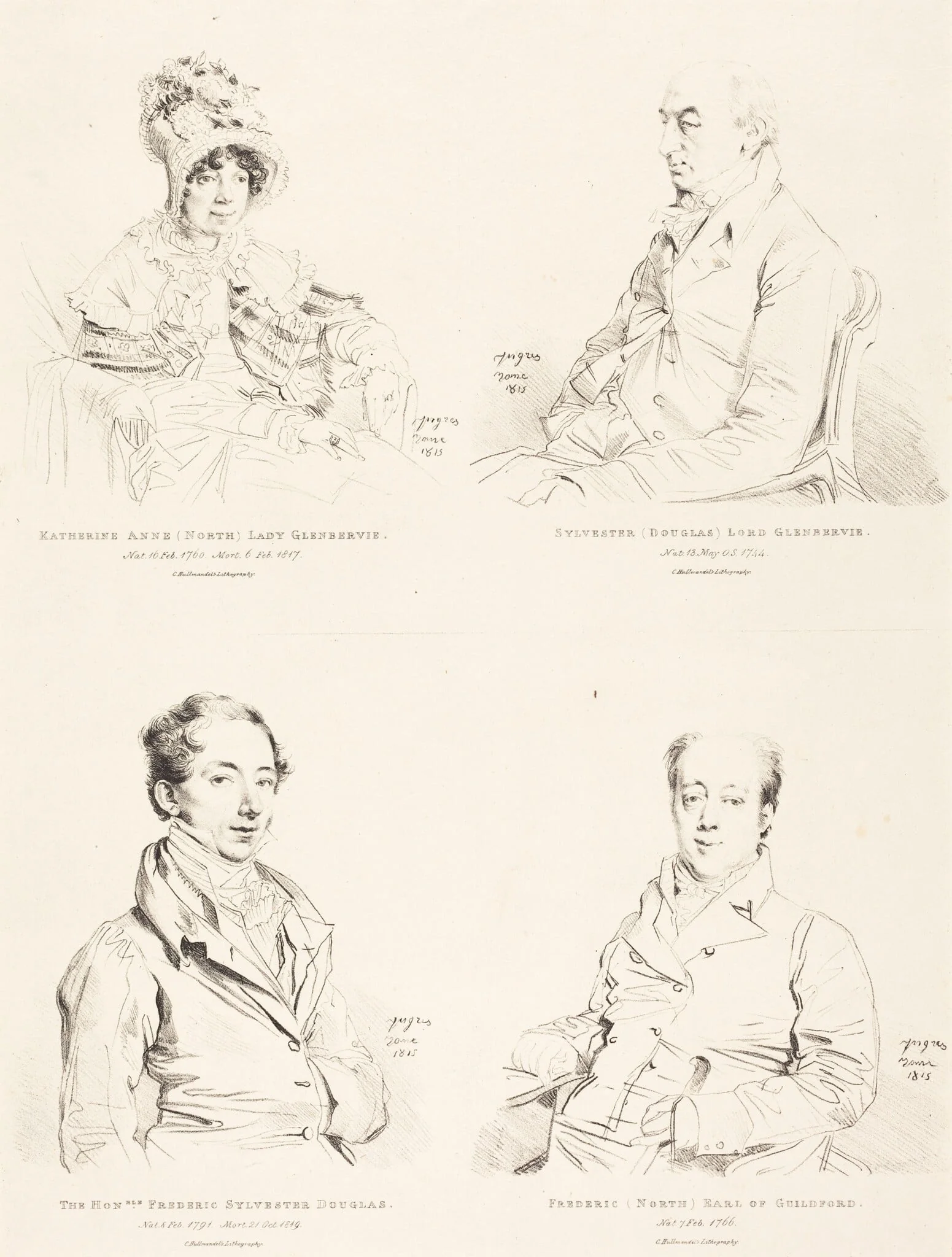 Sylvester (Douglas) Lord Glenbervie; Katherine Anne (North) Glenbervie; Frederic (North) Earl of Guilford; Frederic Sylvester Douglas, by Jean Auguste Dominique Ingres, ink, 1815