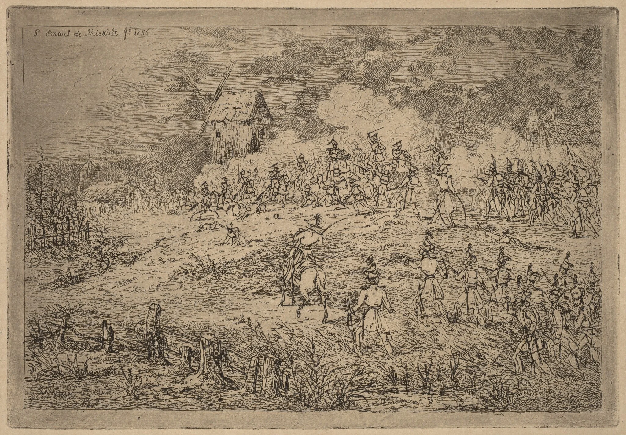 Charge of the Cavalry (Charge de cavalerie contre des chasseurs), by Gerhardus Emaus de Micault, ink, 1856