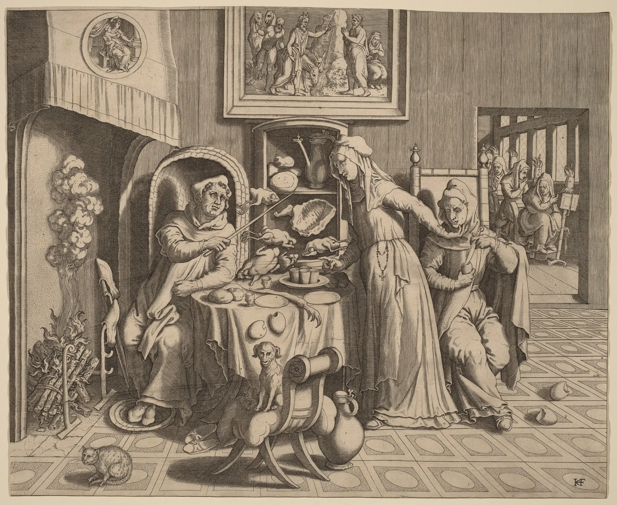 The Amorous Nun between the Abbot and the Monk, by Hans Collaert the Elder, ink, 1560