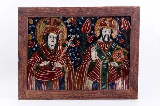 Icoana îi reprezintă pe Sfânta Mare Cuvioasă Parascheva de la Iași și pe Sfântul Ierarh Vasile cel Mare. Preacuvioasa este îmbrăcată în veșmânt roșu stacojiu-bordo-acajou, cu interiorul căptușit cu albastru și verde închis, ornat cu dungi albe subțiri. Peste maforionul roșu, sfânta cuvioasă are coroniță și aureolă. Mantia este prinsă la gât cu o fibulă aurie. În mâna dreaptă are un mănunchi de finic și în mâna stângă ține crucea. Alături de Sfânta Parascheva este Sfântul Ierarh Vasile cel Mare, îmbrăcat în veșminte liturgice arhierești cu felon-omofor roșu stacojiu, cu interiorul indigo închis, ornat cu striații albe fine, și cu epitrahil verde cu trei cruci negre. Cu mâna dreaptă Binecuvântează, iar în mâna stângă ține Sfânta Evanghelie închisă. Fondul icoanei este albastru ultramarin bleumarin închis înspre violet-indigo, cu elemente decorative fitomorfe și astrale albe și roșii. Cromatica este armonioasă, deși întunecată și rece: roșu stacojiu, bordo, acajou, albastru ultramarin bleumarin închis, violet-indigo, galben chihlimbar, brun, bej, verde de China, alb. Icoana este de Făgăraș și aparține Anei Deji.