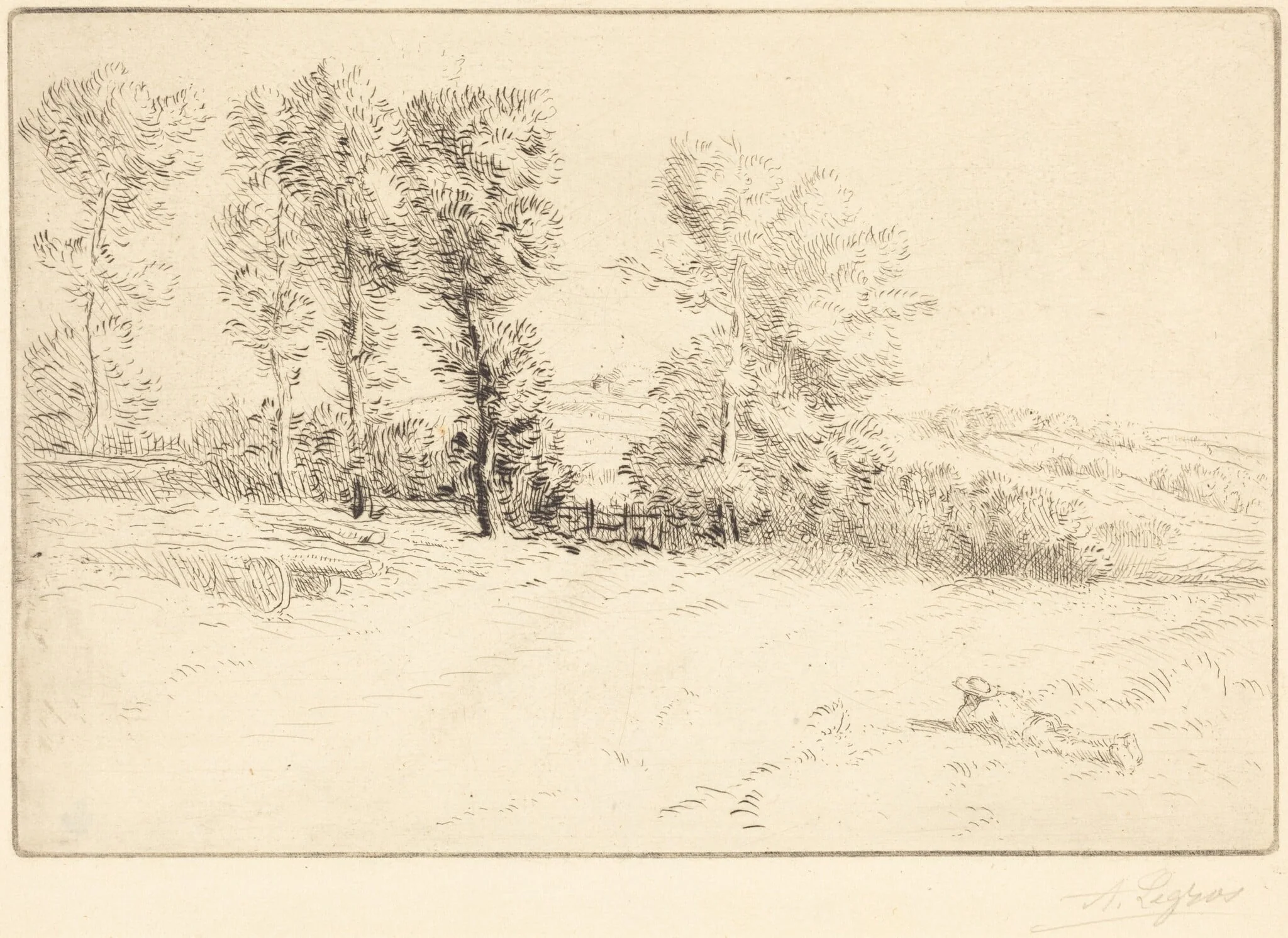 Meadow in Sunshine (Le pre ensoleille), by Alphonse Legros, ink, 1874