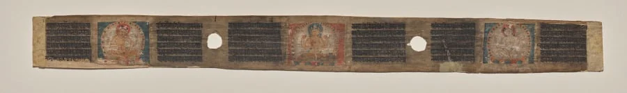 Prajnaparamita ﬂanked by two female ﬁgures, folio 1 (verso), from a Manuscript of the Perfection of Wisdom in Eight Thousand Lines (Ashtasahasrika Prajnaparamita-sutra), by Unknown, unspecified, 14