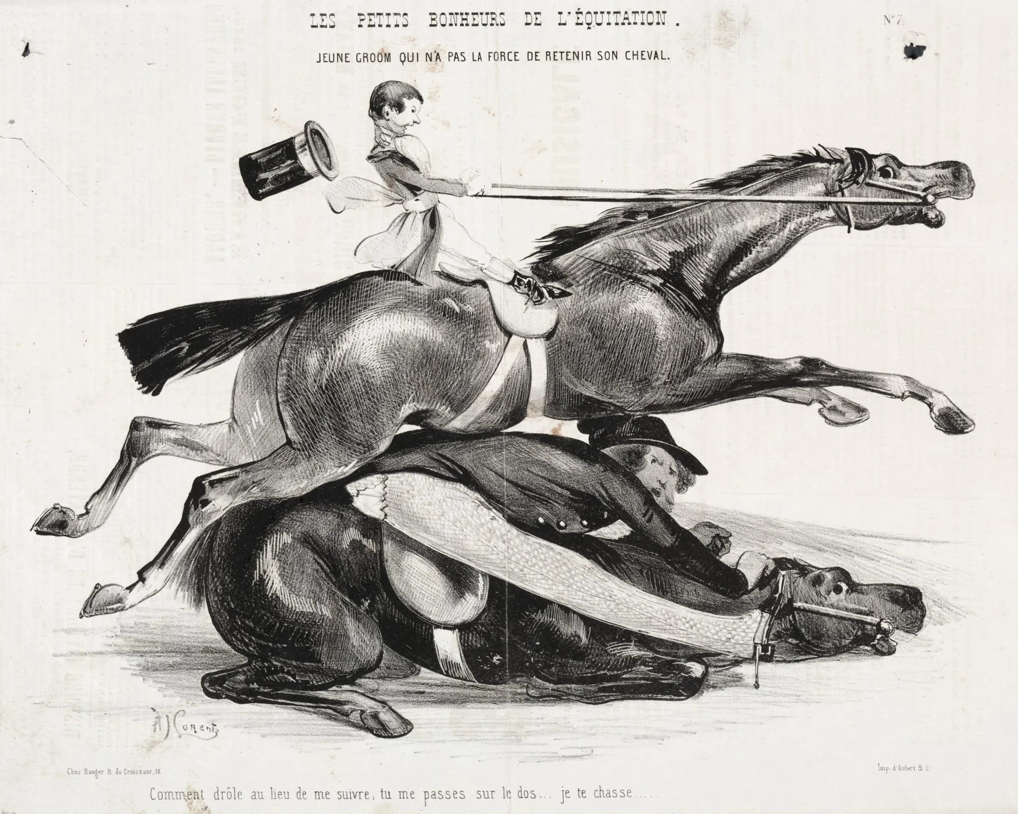 Les petits bonheurs de l'équitation:  Jeune Groom qui n'a pas la force de retenir son cheval, by Alade Joseph Lorentz, 1842