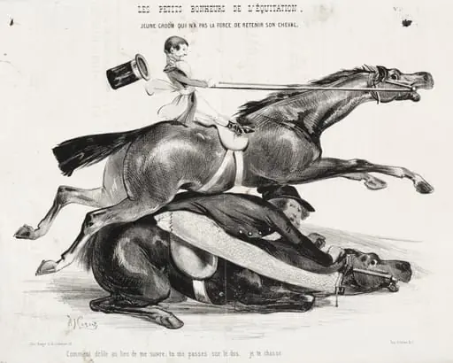 Les petits bonheurs de l'équitation:  Jeune Groom qui n'a pas la force de retenir son cheval