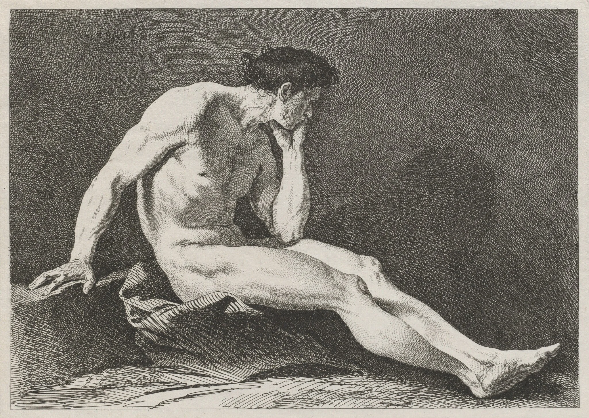 Seated Man with Head in Hand, by Carle Van Loo, ink, 1743