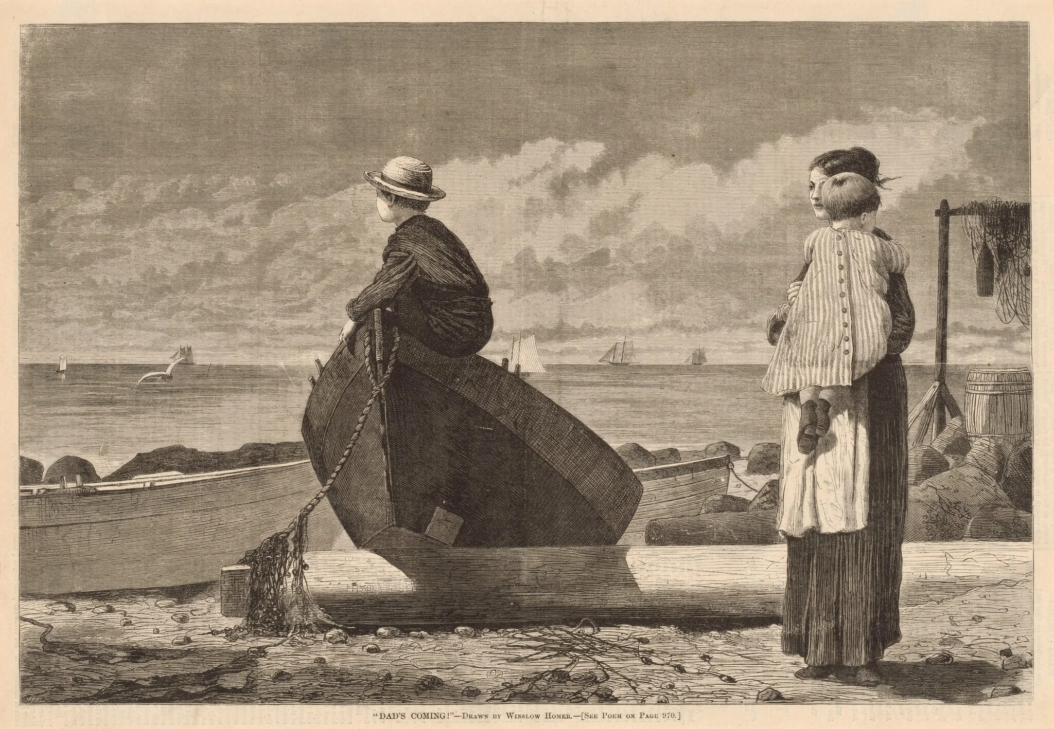 "Dad's Coming!", by American 19th Century, ink, 1873