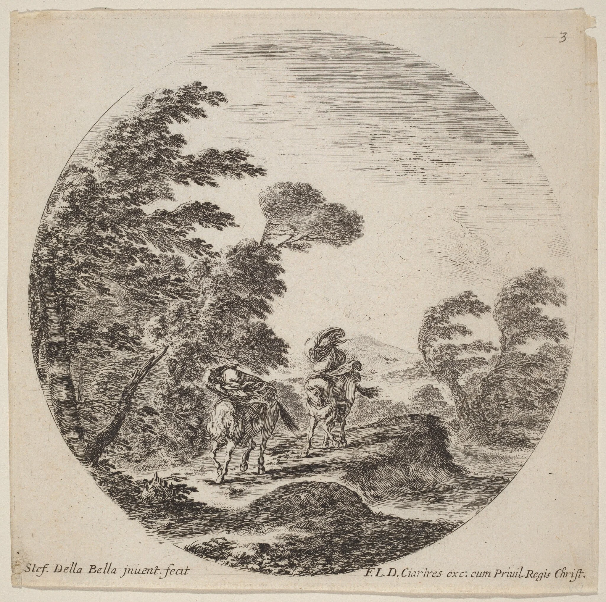 Windblown Horsemen, by Stefano Della Bella, ink, 1646