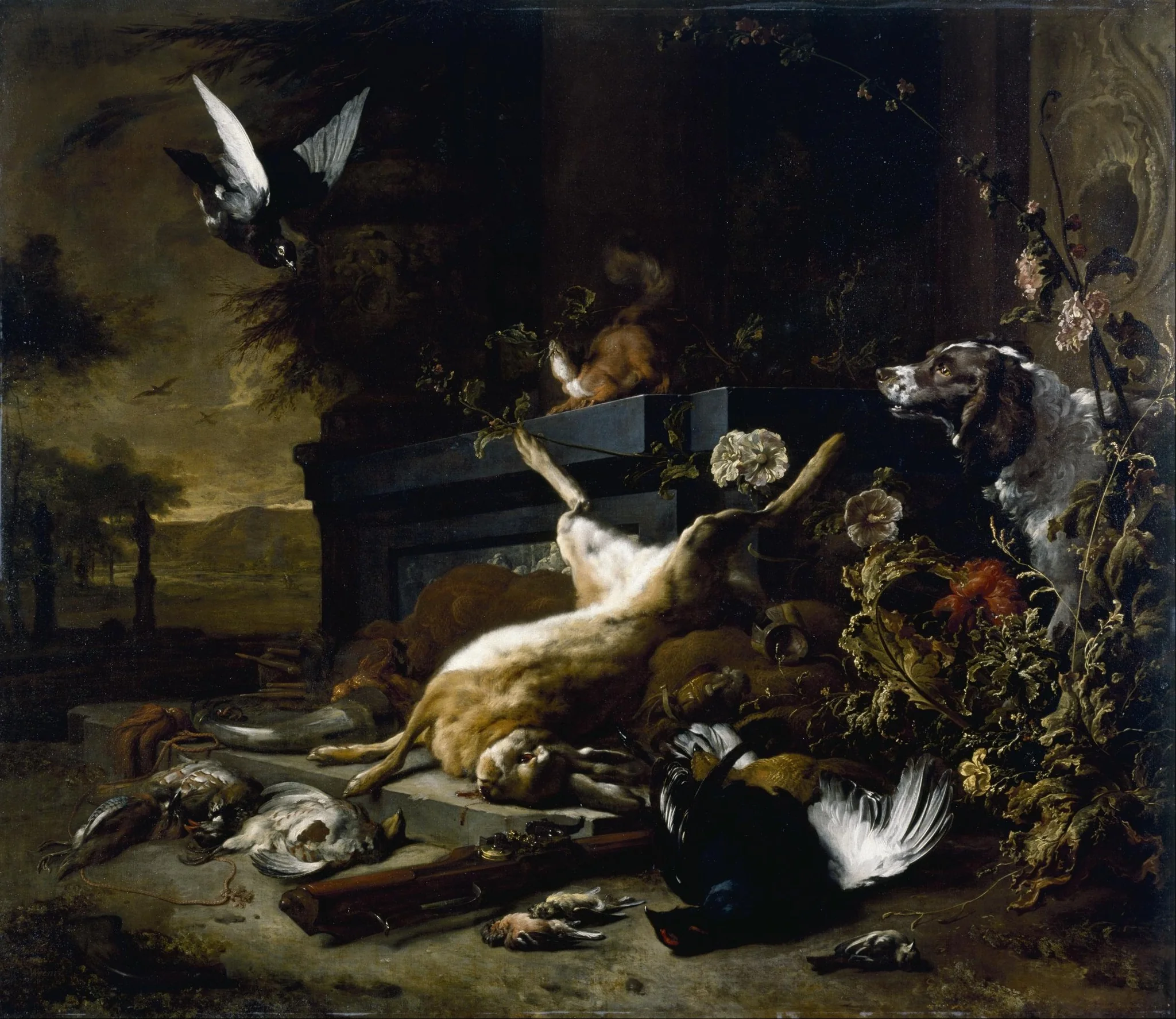Still Life of Game including a Hare, Black Grouse and Partridge, a Spaniel looking on with a Pigeon in Flight