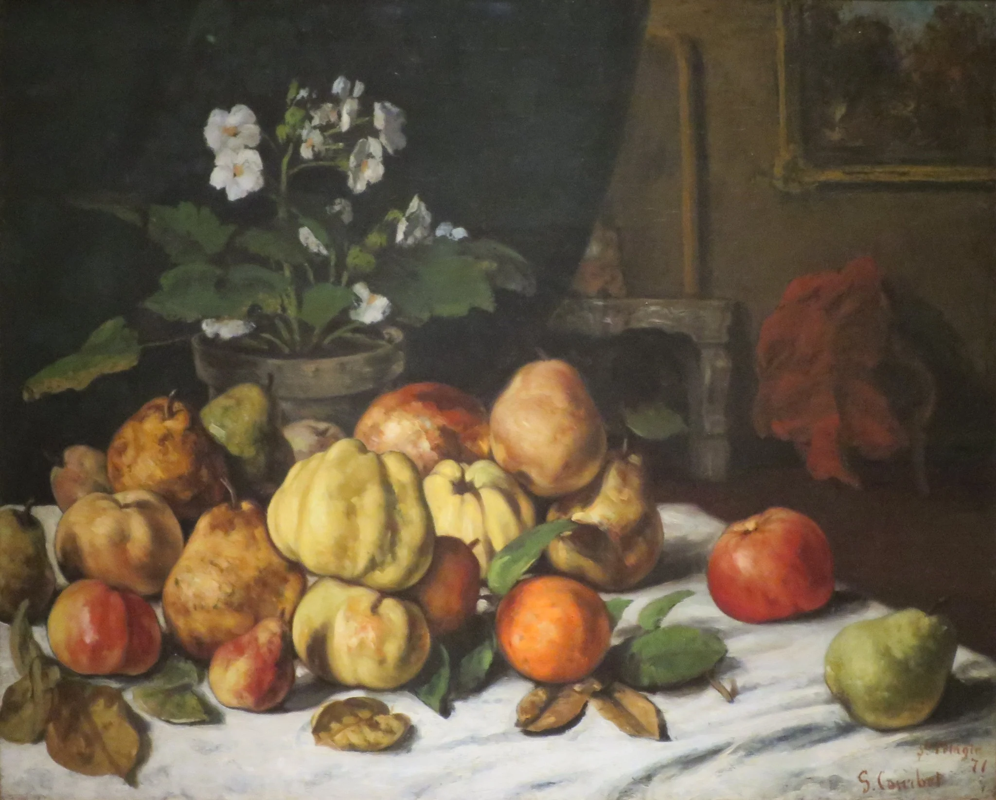Apples, Pears and Primroses, by Gustave Courbet, oil, 1872