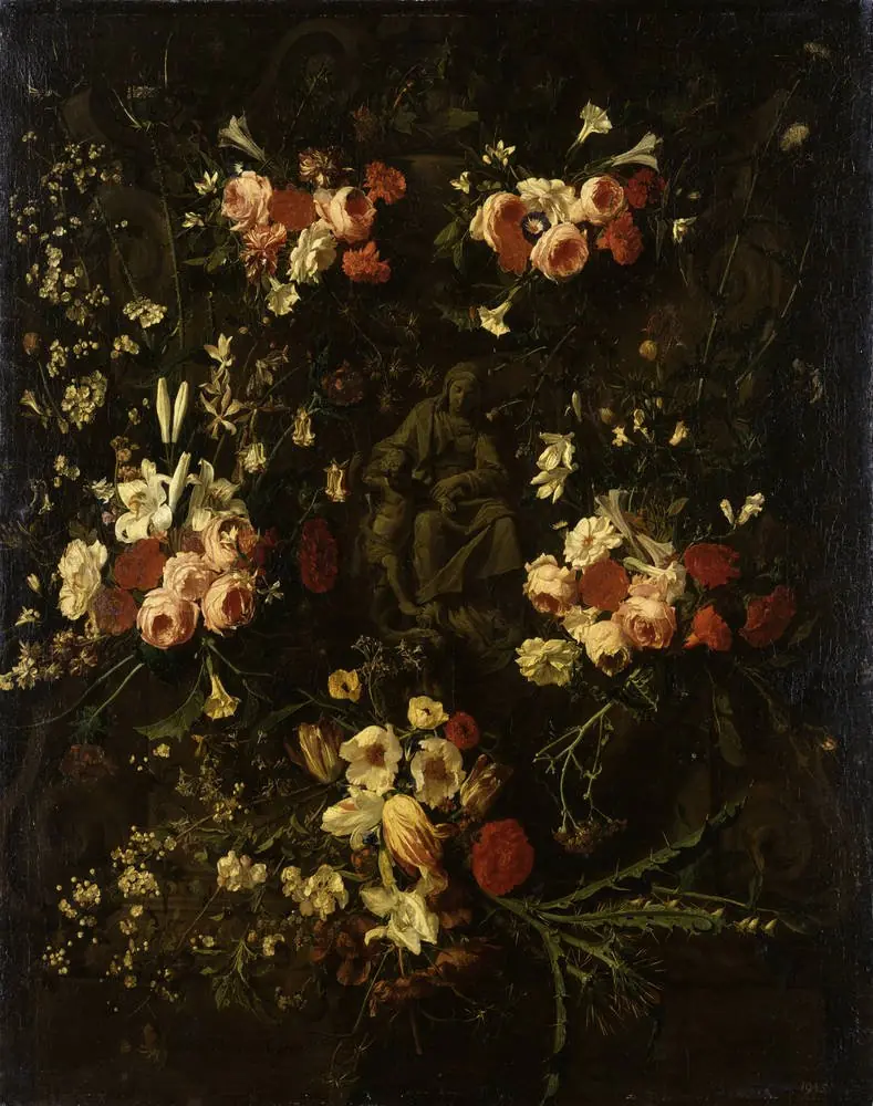 Flower garland cartouche around the Madonna and Child