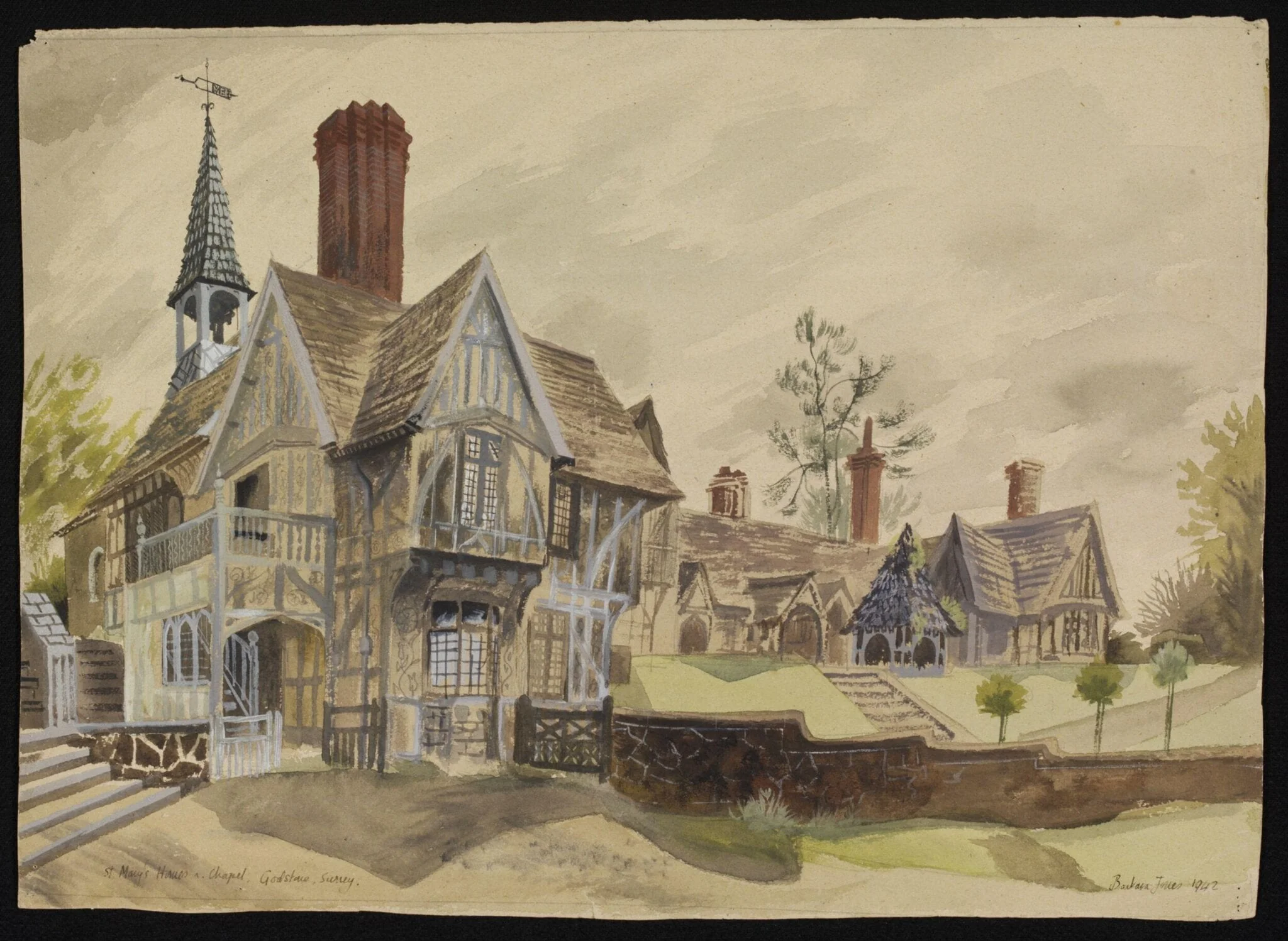 St. Mary's Homes and Chapel, Godstone, by Barbara Jones, watercolor, 1942