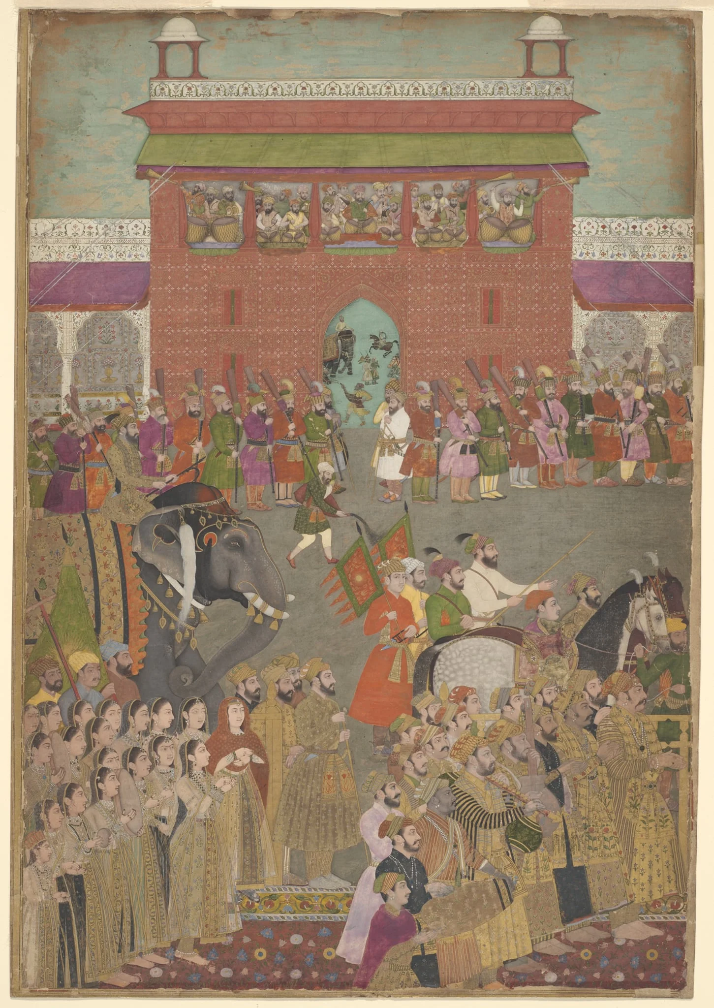A Procession Scene with Musicians, from a copy of the Padshanama, by Mughal, watercolor, 1650