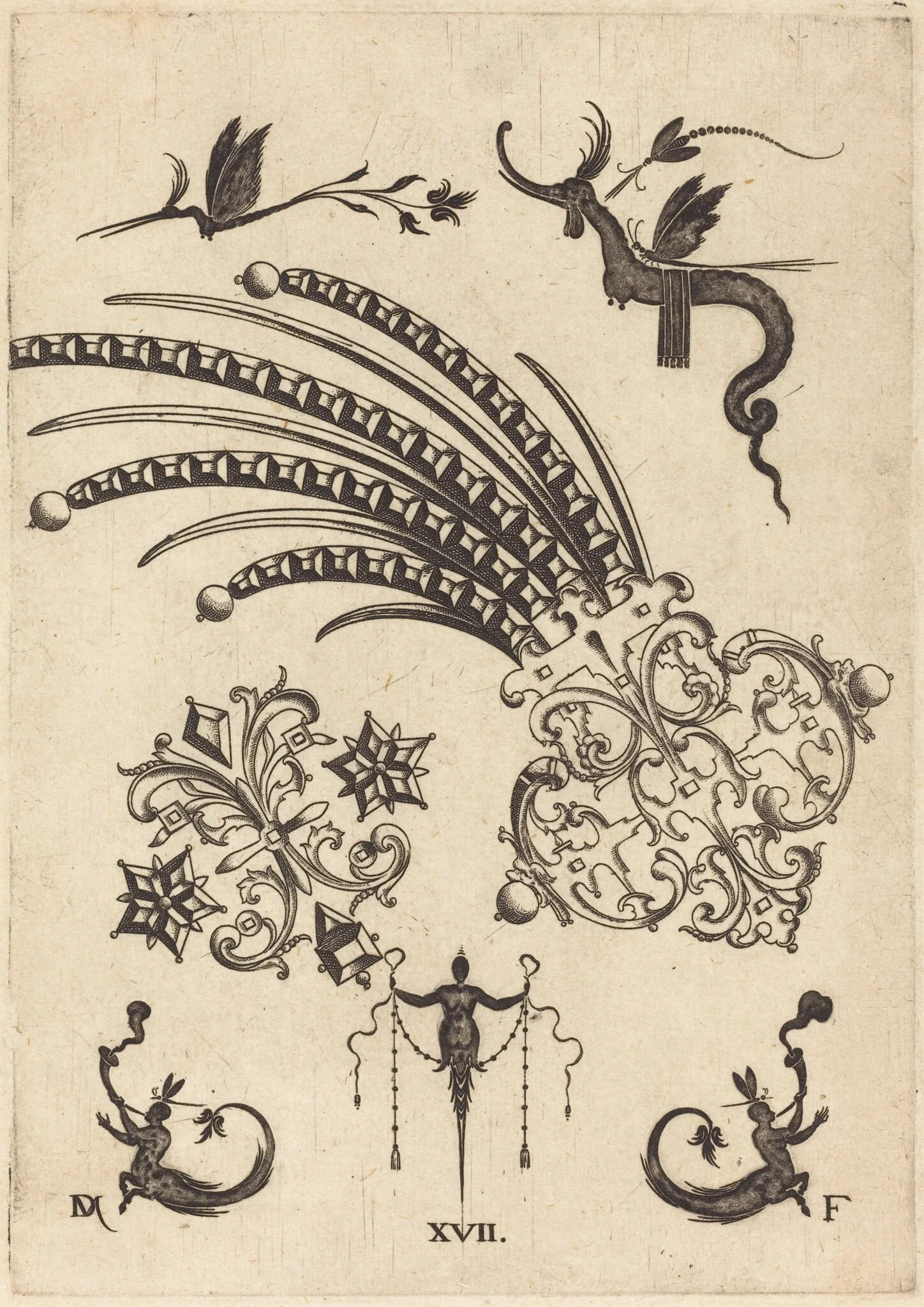 Two Brooches with Dragon and Insects at Top and Human Beings with Snake-like Tails atBottom, by Daniel Mignot, ink, 1596