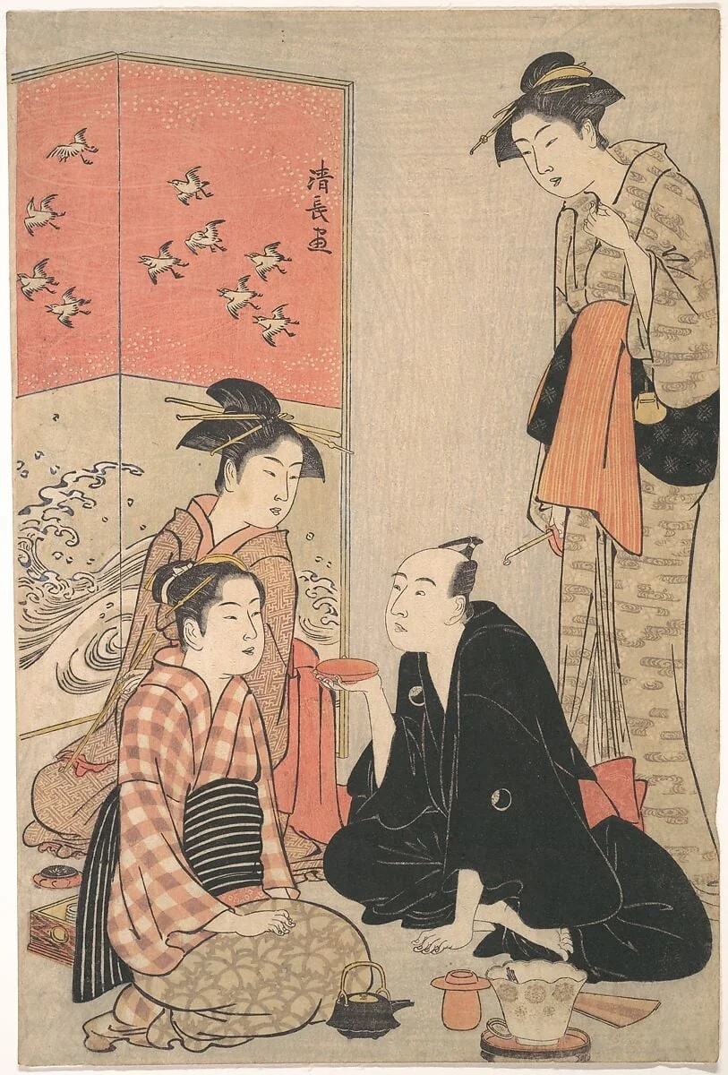 三代目沢村宗十郎と遊女|The Kabuki Actor Sawamura Sōjūrō III and Courtesans, by Torii Kiyonaga, ink, 1784