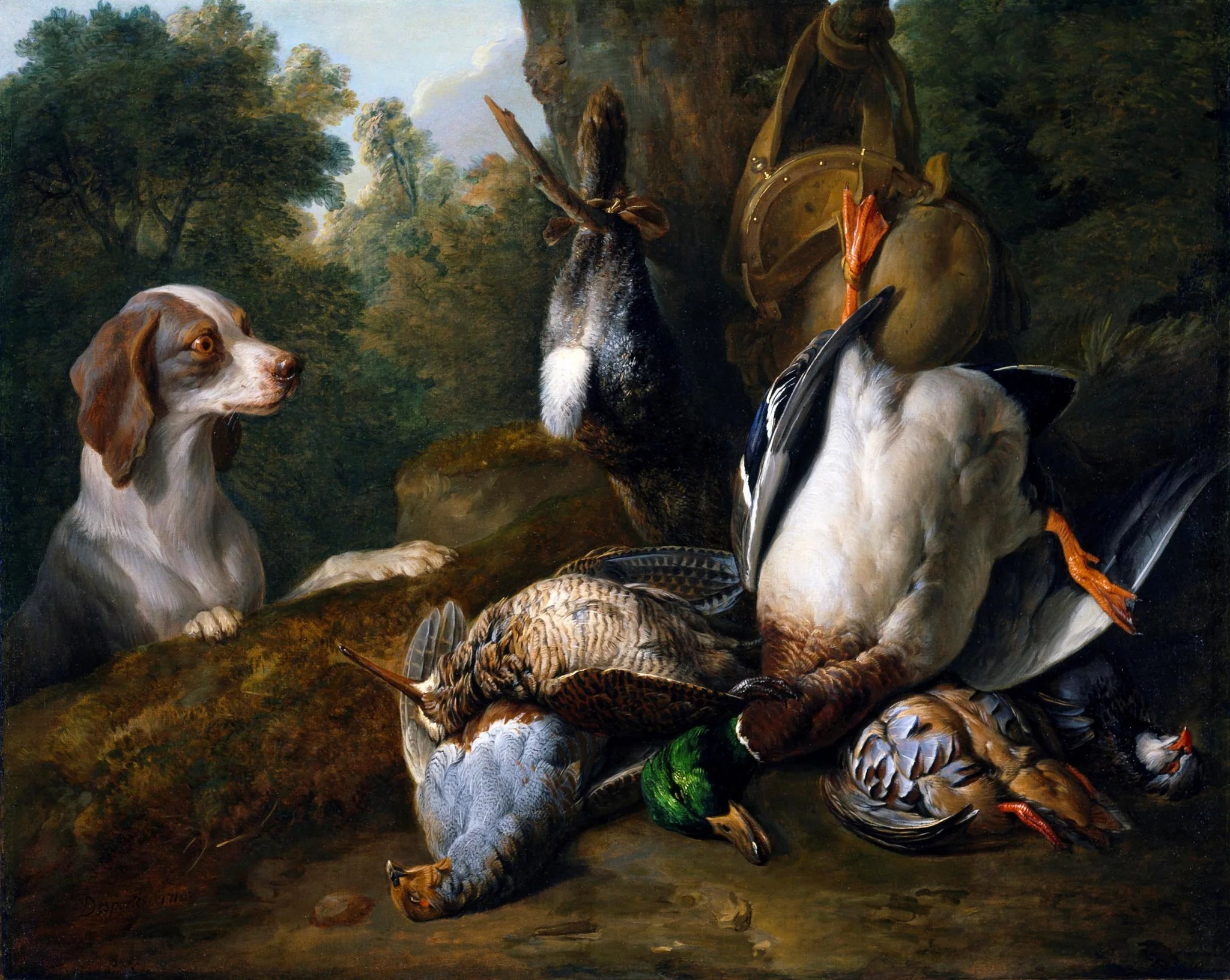 Still Life with Dog and Game, by Alexandre-François Desportes, oil, 1710