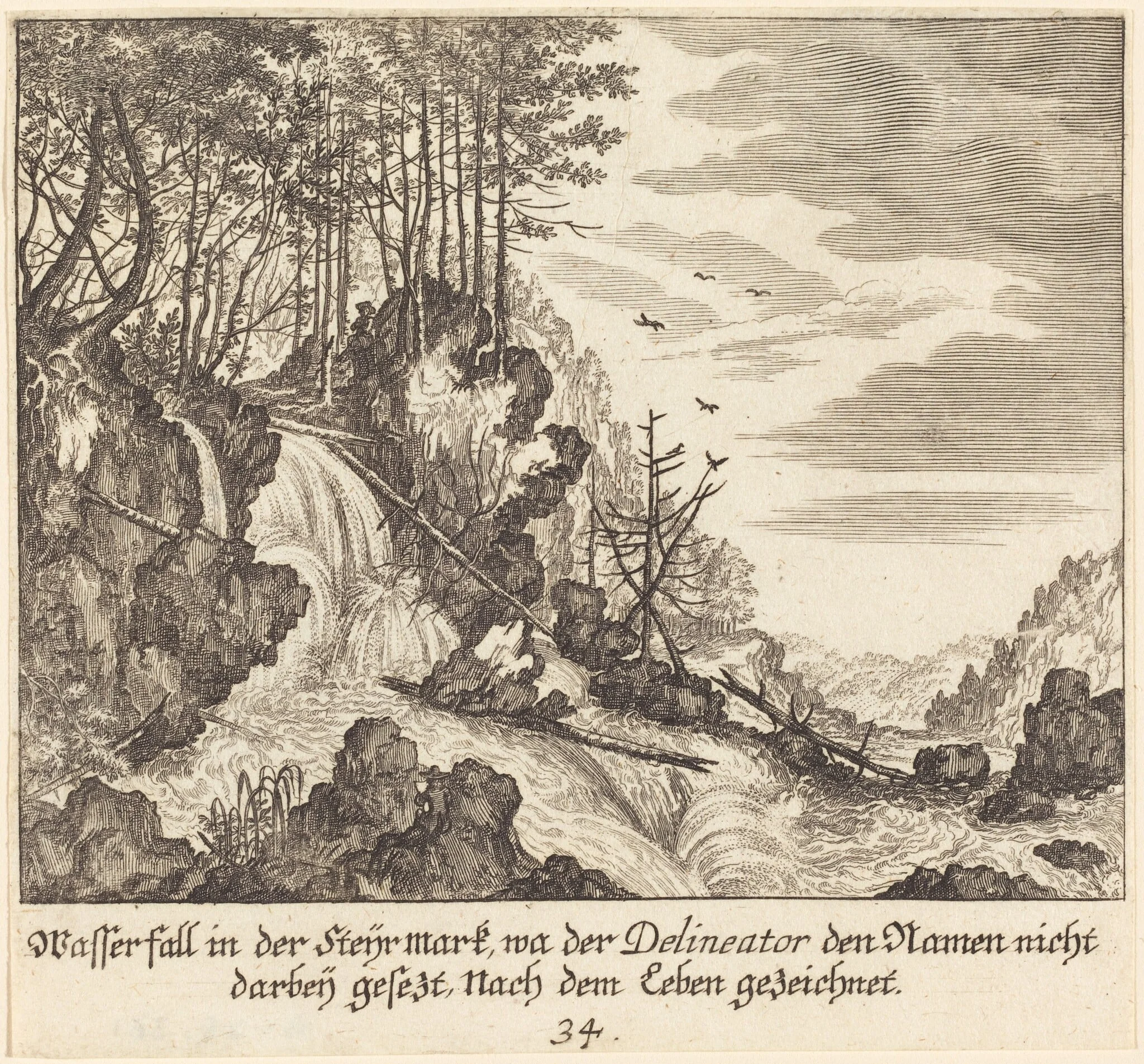 Waterfall, by Melchior Küsel, ink, 1681