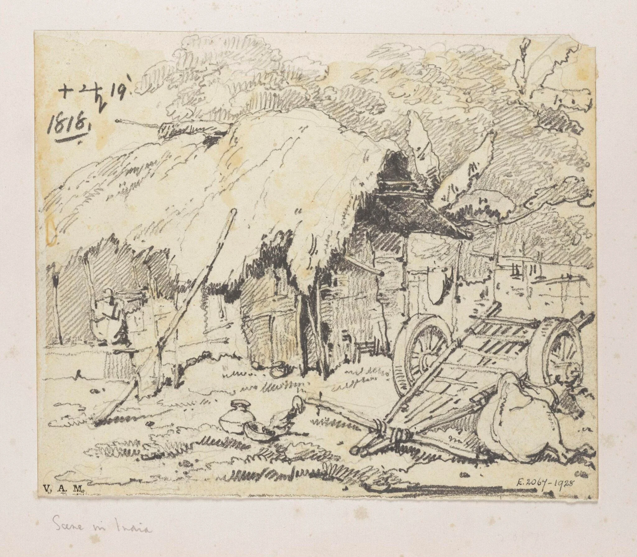 An ox and cart outside a Bengal village dwelling, by George Chinnery, 14