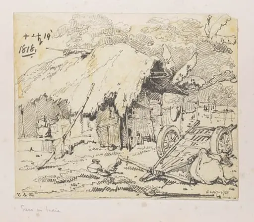 An ox and cart outside a Bengal village dwelling