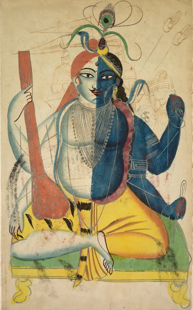 Leaf from a Kalighat album: Hari-Hara (recto); Vasudeva (Krishna's Father) Fleeing with Krishna Encounters a Cobra and a Jackal (verso)
