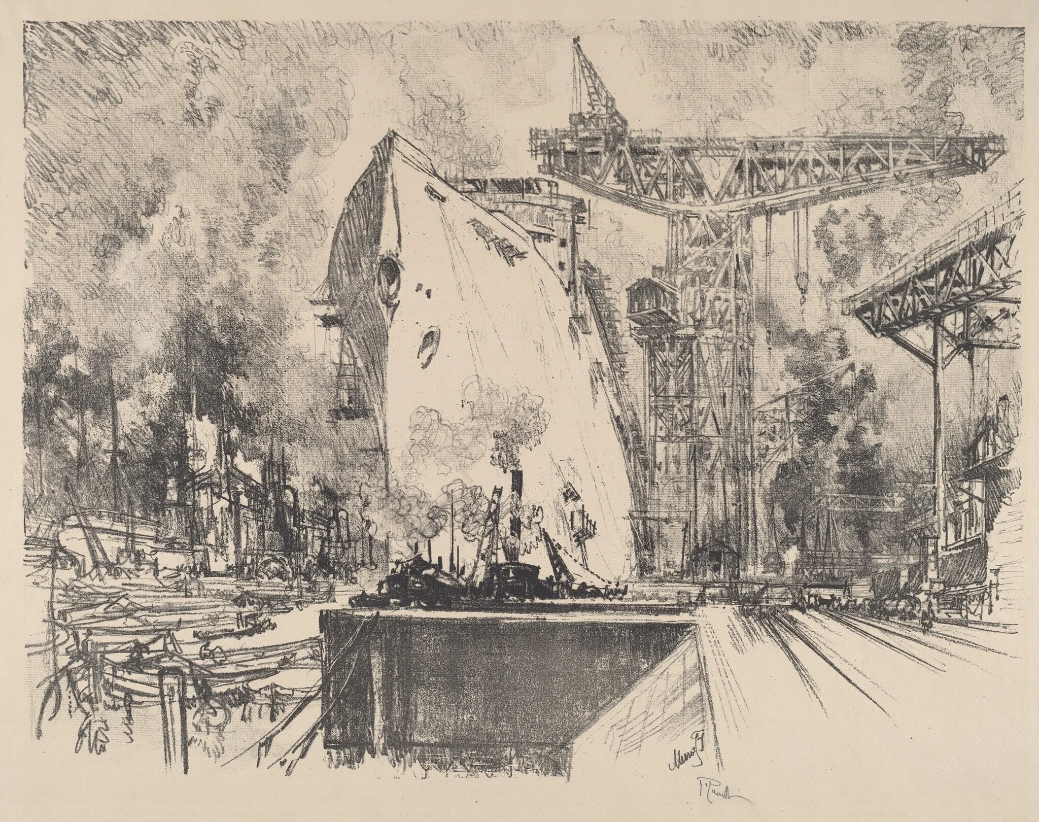 Building the Bismarck, Hamburg, by Joseph Pennell, ink, 1914