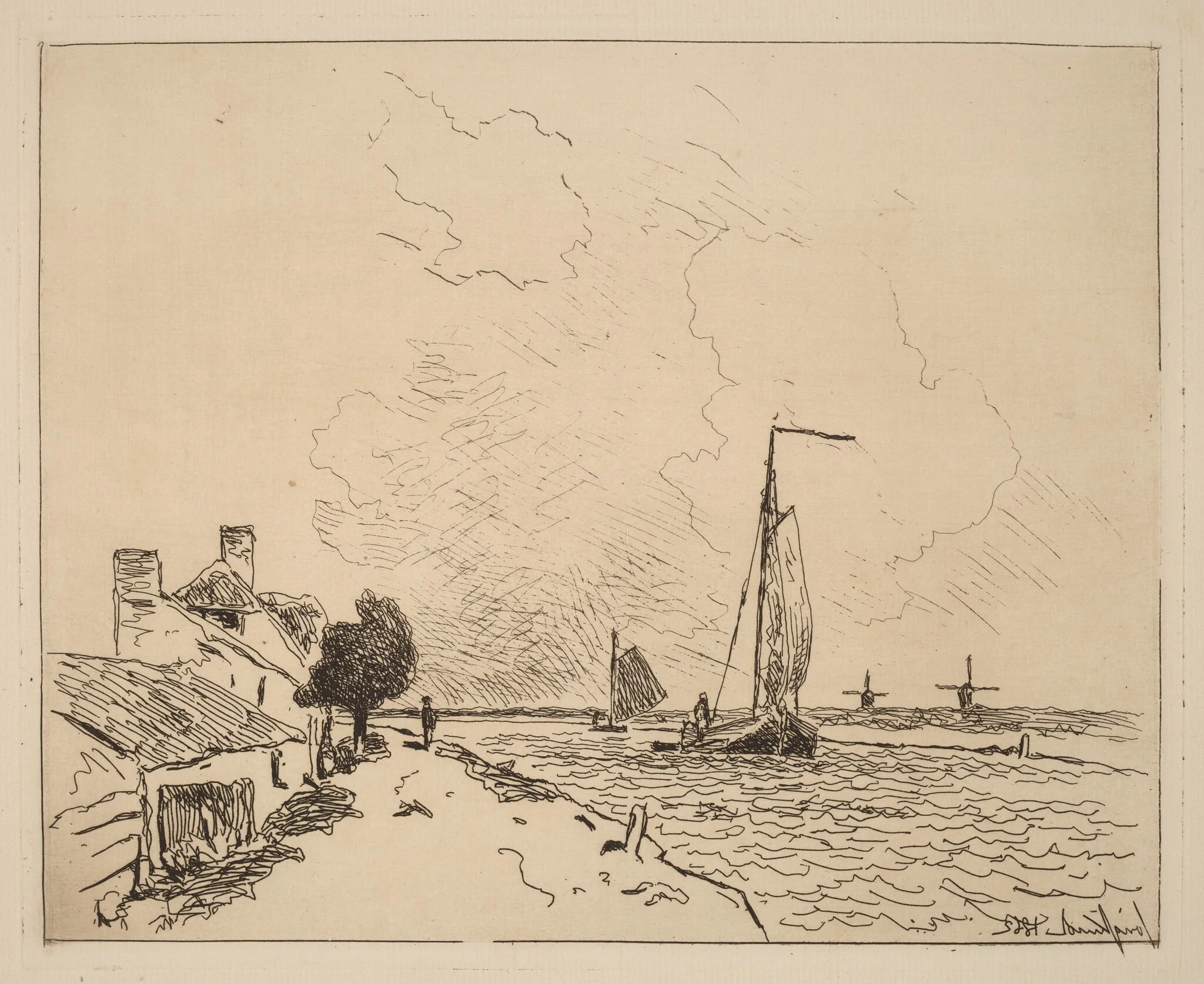 Two Boats at Sail (Les deux Barques a voile), by Johan Barthold Jongkind, ink, 1862