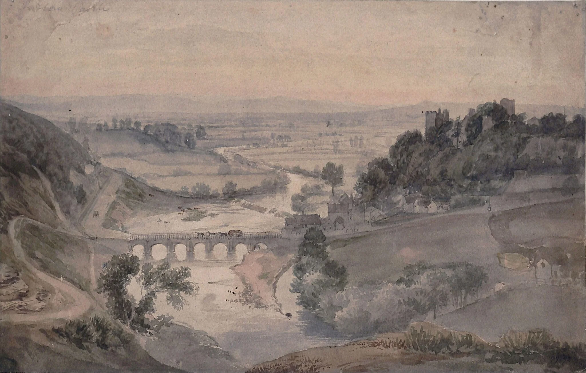Ludlow Castle, overlooking the River Teme, by George Patten, watercolor, 1820