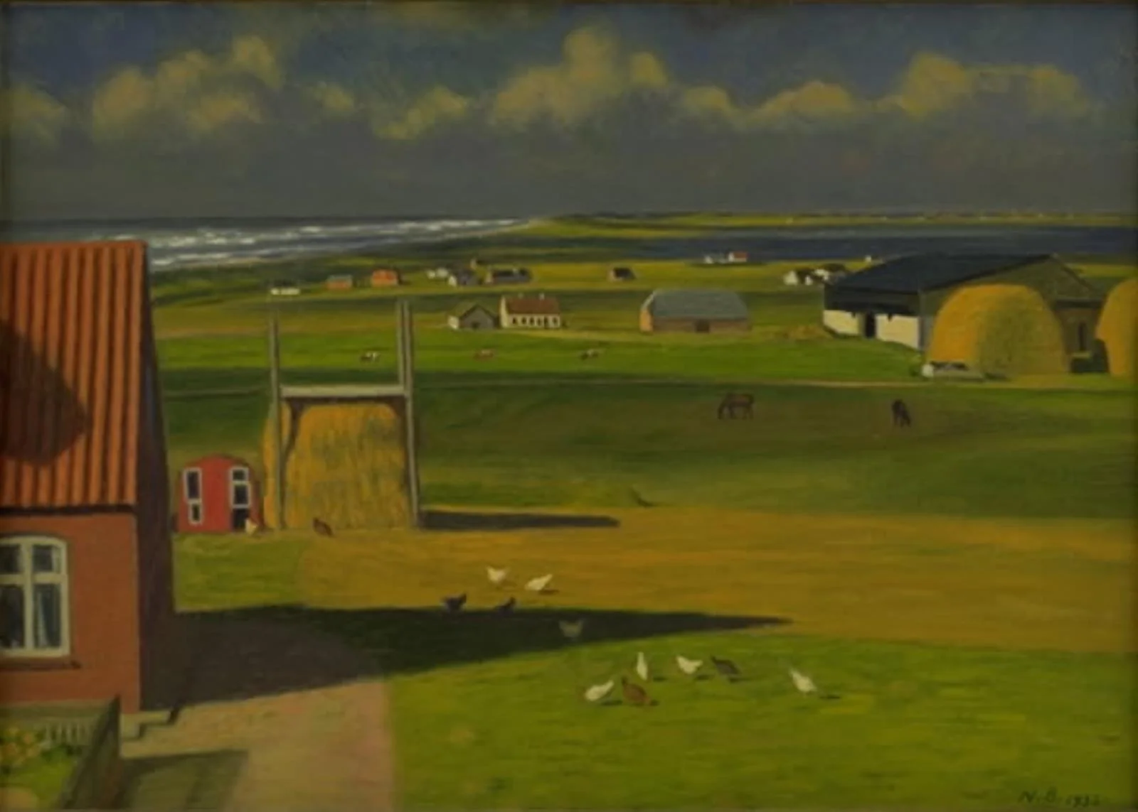 A Landscape with Farm Houses in the West of Jutland, by Niels Bjerre, oil, 1932