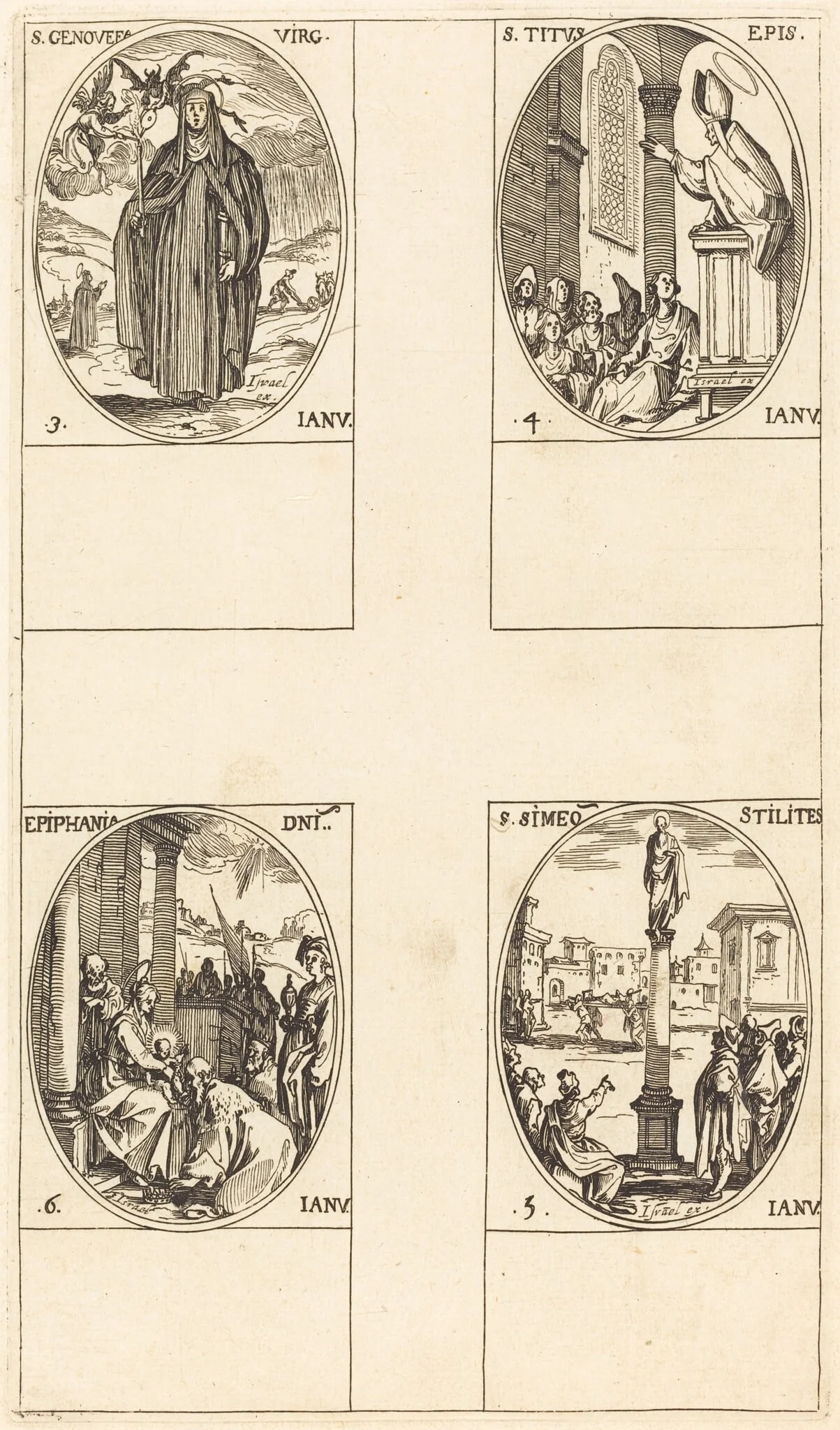 St. Genevieve; St. Titus; St. Simeon Stylites; Epiphany, by Jacques Callot, ink, 1634