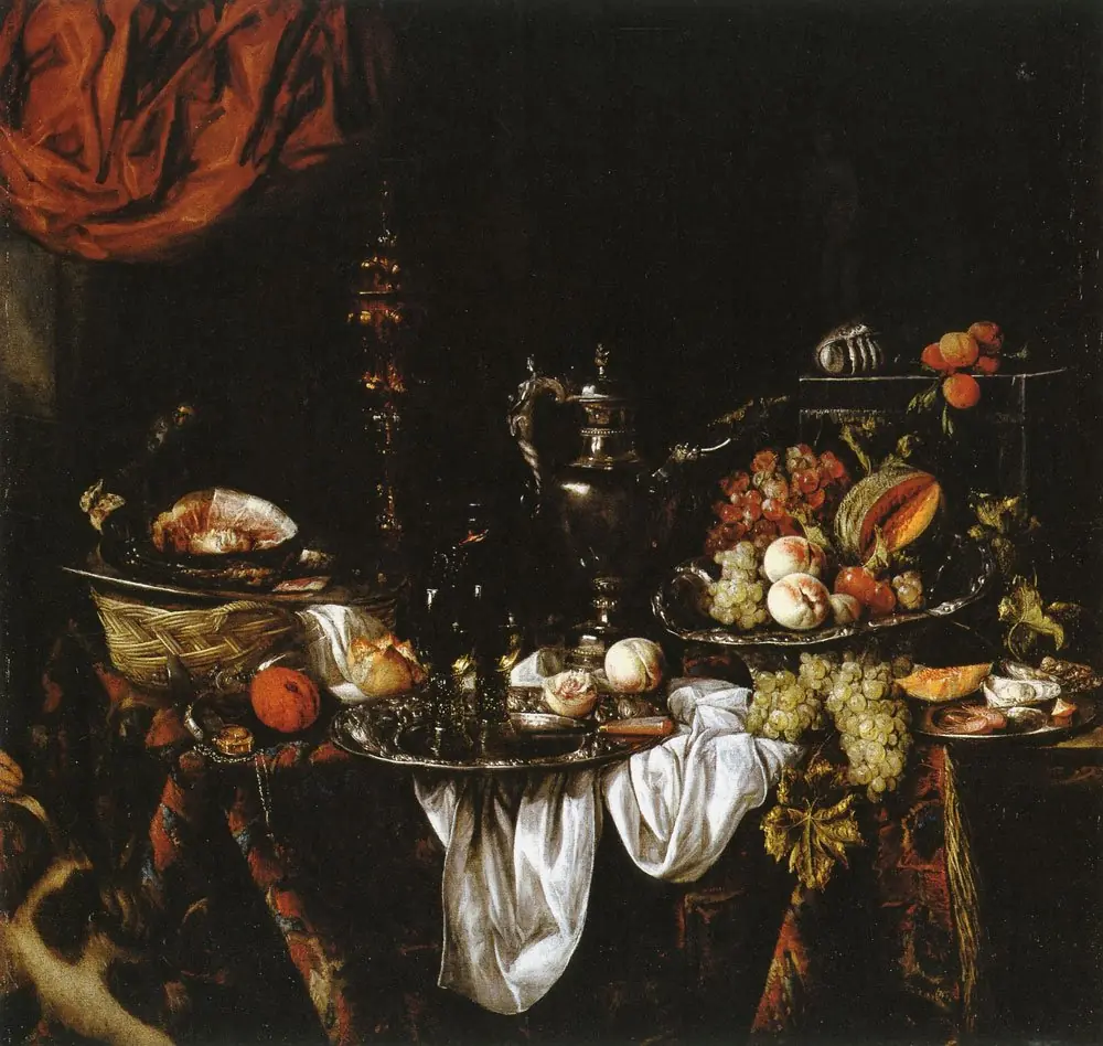 Still life on a draped table with a sculpture of Venus in a niche behind a curtain