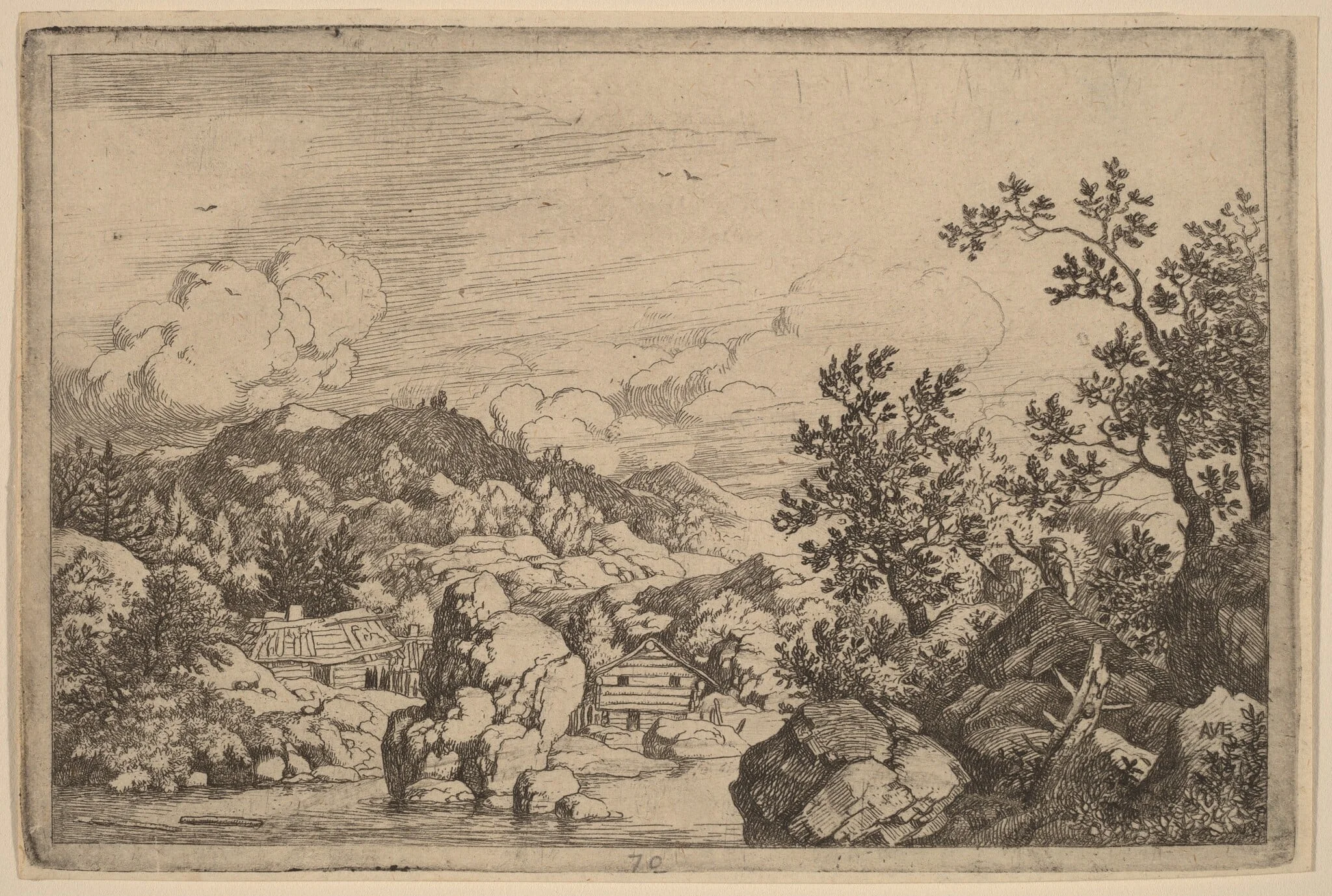 Large Rock Projecting from a River, by Allart van Everdingen, ink, 1650