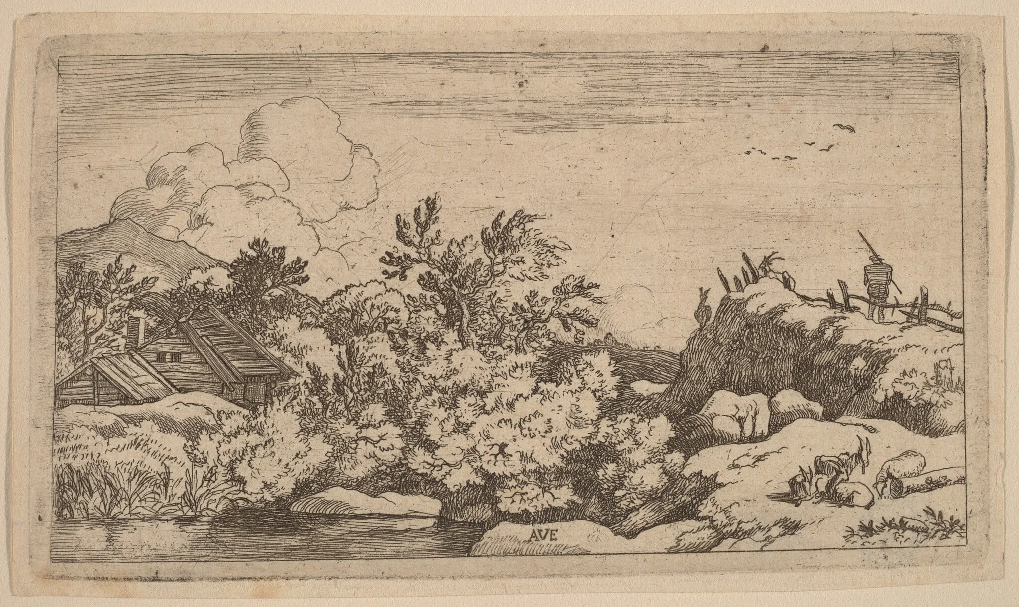 Goat Herd on a Hill, by Allart van Everdingen, ink, 1650