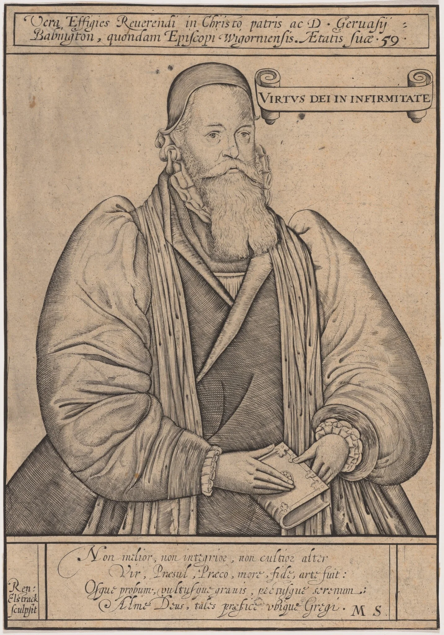 Gervase Babington, Bishop of Worcester, by Renold Elstrack, ink, 1616