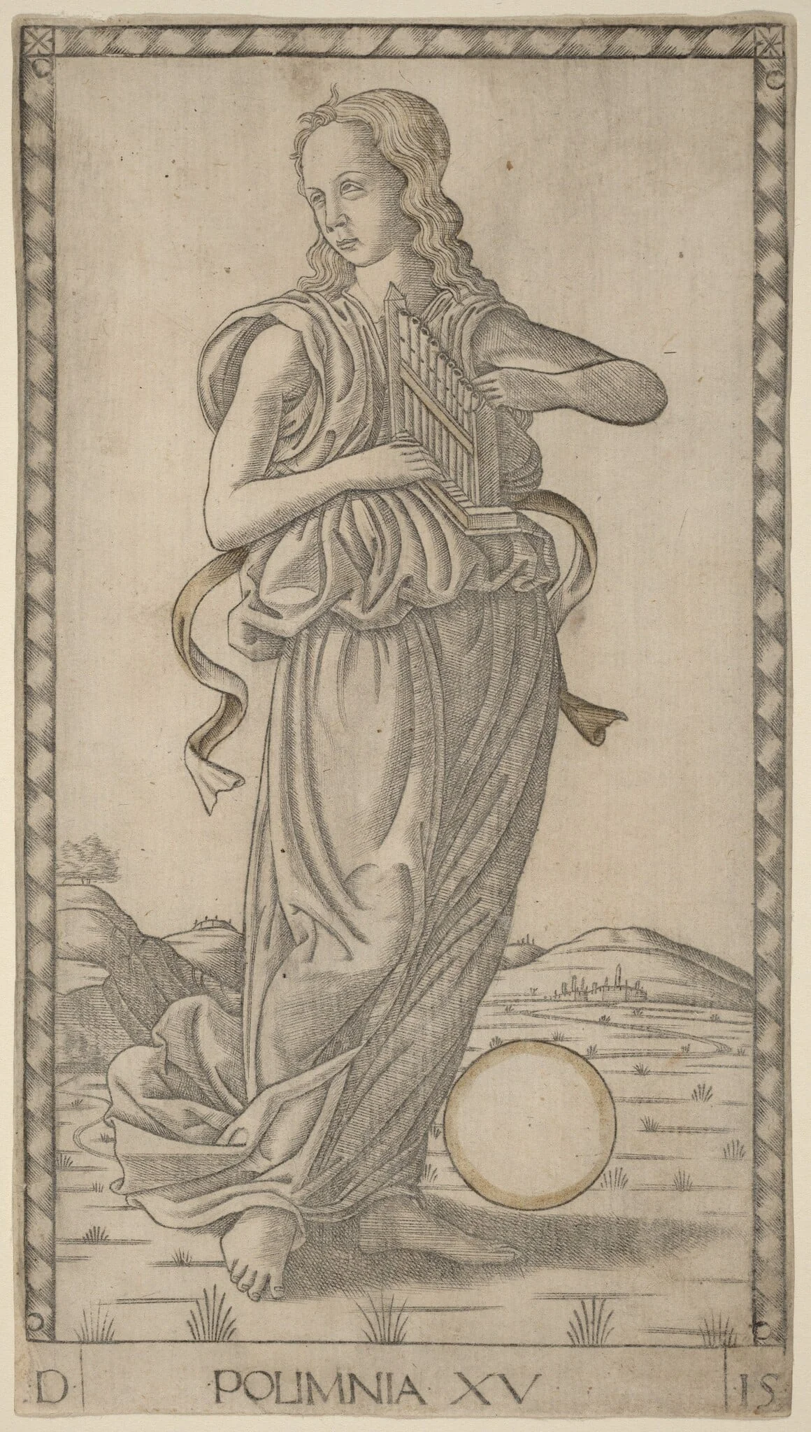 Polimnia (Polyhymnia), by Master of the E-Series Tarocchi, ink, 1465