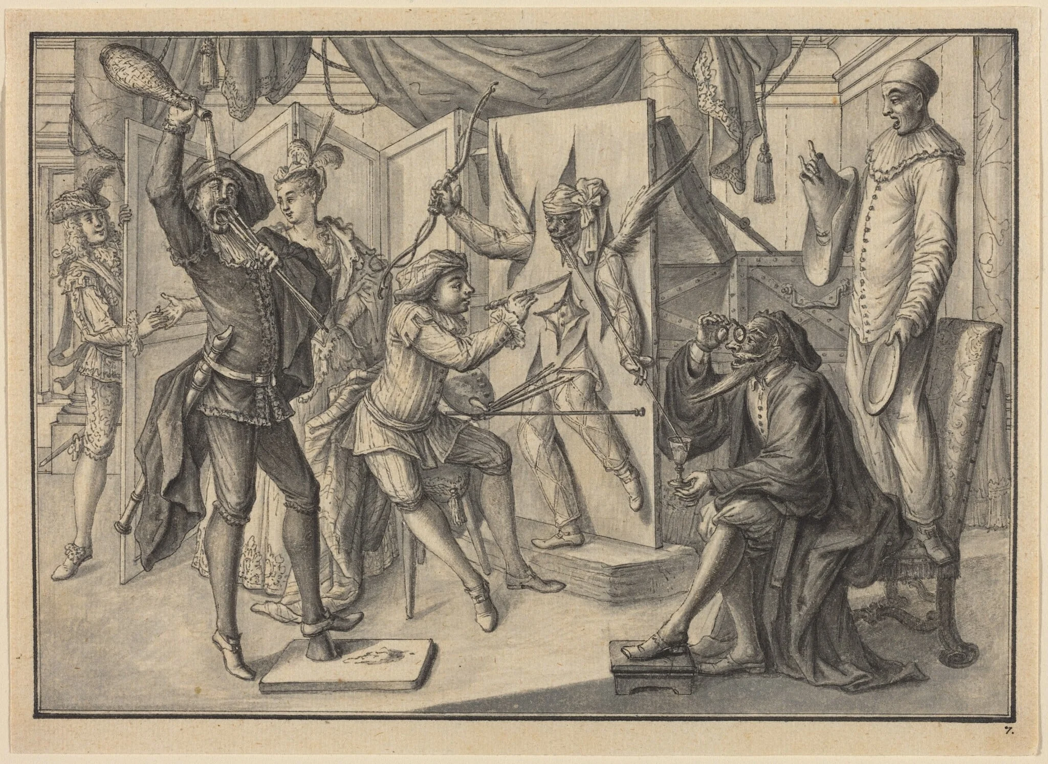 Mezzetin "Paints" a Portrait of Cupid by Cutting the Canvas to Reveal Harlequin, by Johann Jacob Schübler, ink, 1729