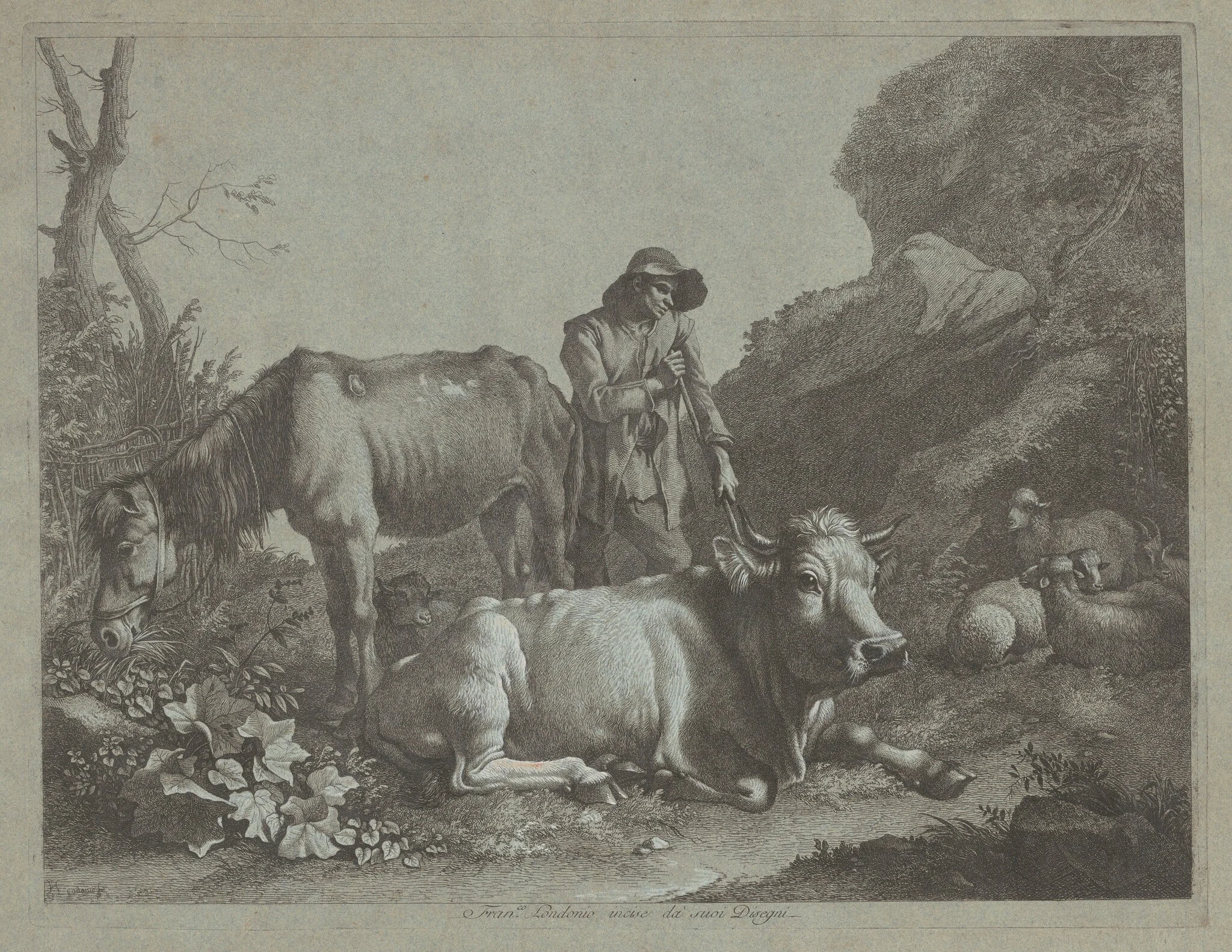 Shepherd Resting on a Walking Stick with an Old Horse and a Reclining Bull, by Francesco Londonio, ink, 1767