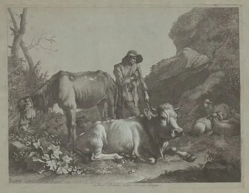 Shepherd Resting on a Walking Stick with an Old Horse and a Reclining Bull