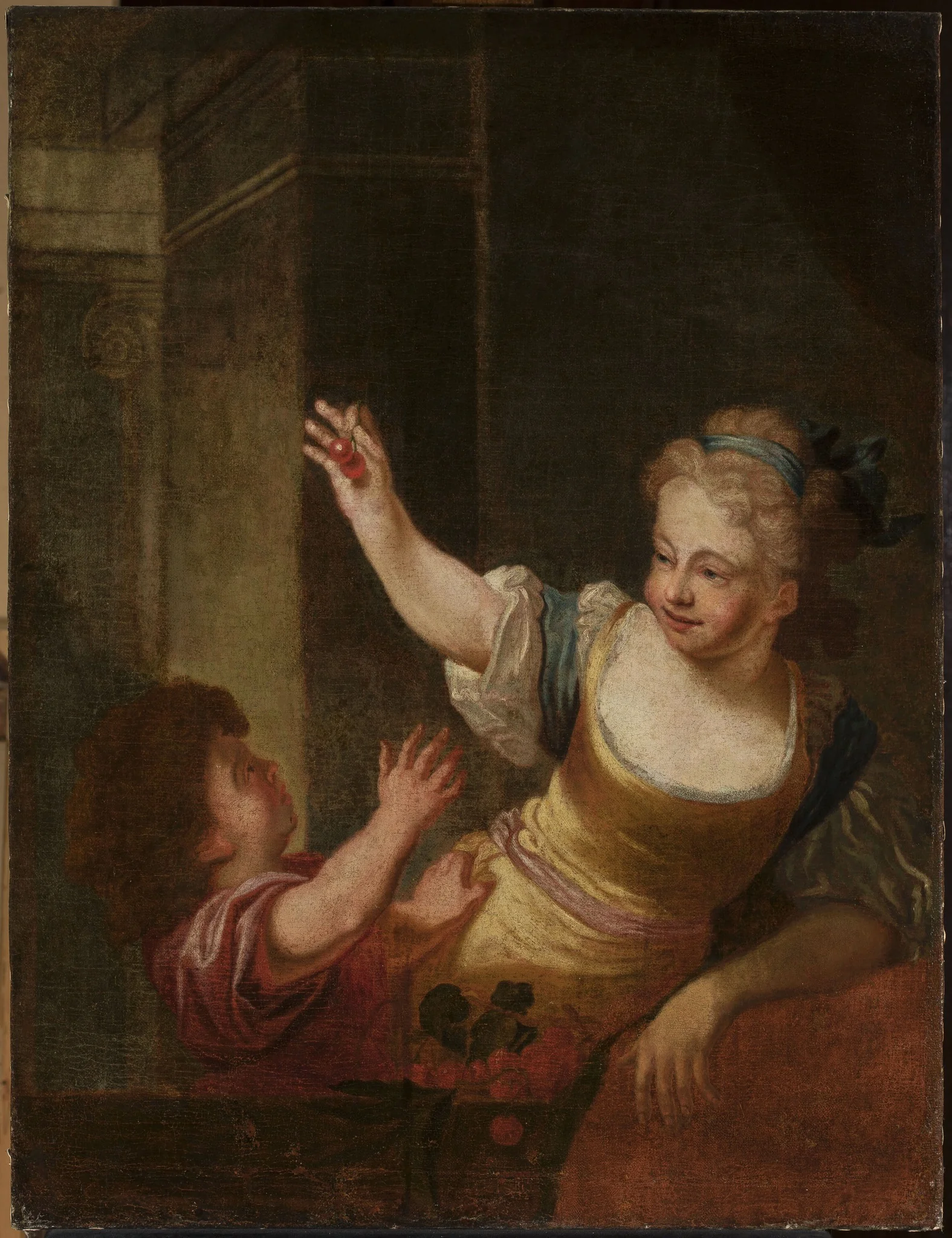 Two children playing with dark cherries, by Unknown, oil, 1740