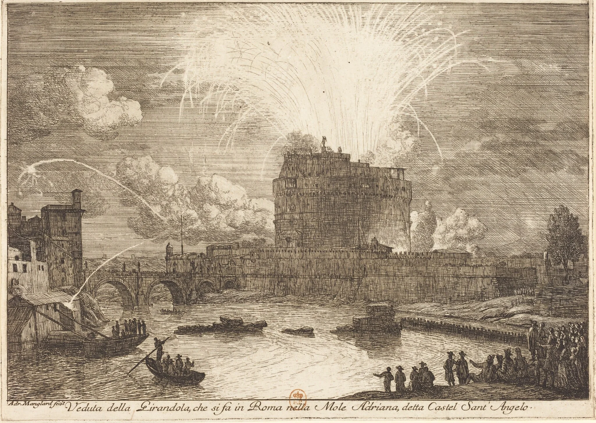 Veduta della Girandola a Castel Sant'Angelo (Fireworks Display over the Castle Sant'Angelo), by Adrien Manglard, ink, 1751