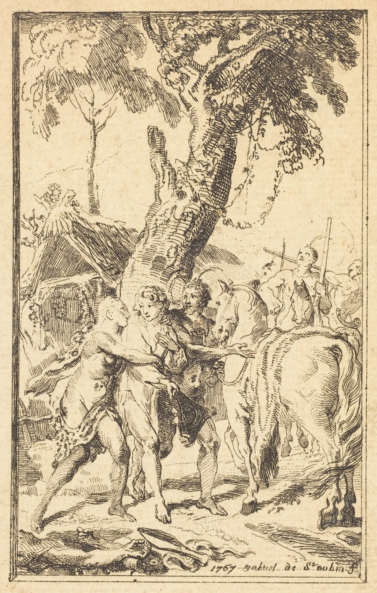 Flight of M. de Belle-Isle, Prisoner with theAttakapas [right], by Gabriel de Saint-Aubin, ink, 1767