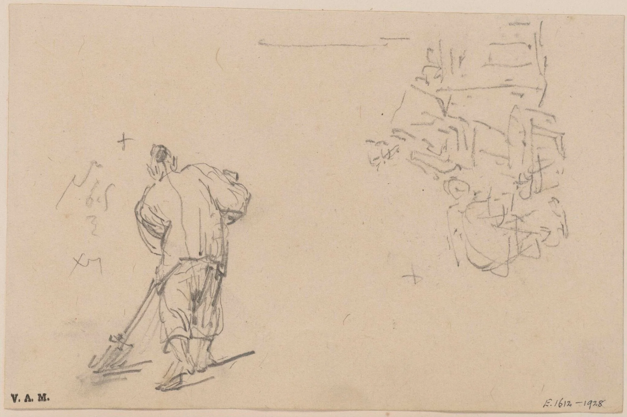 A Chinese figure sweeping, and two figures by a basket, by George Chinnery, 19