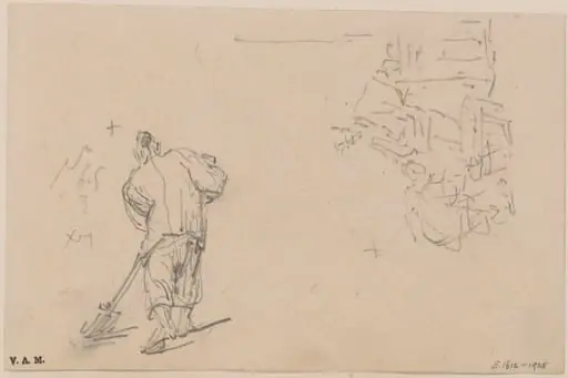 A Chinese figure sweeping, and two figures by a basket