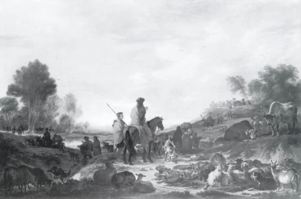 Landscape with Figures, Cattle and Household Utensils