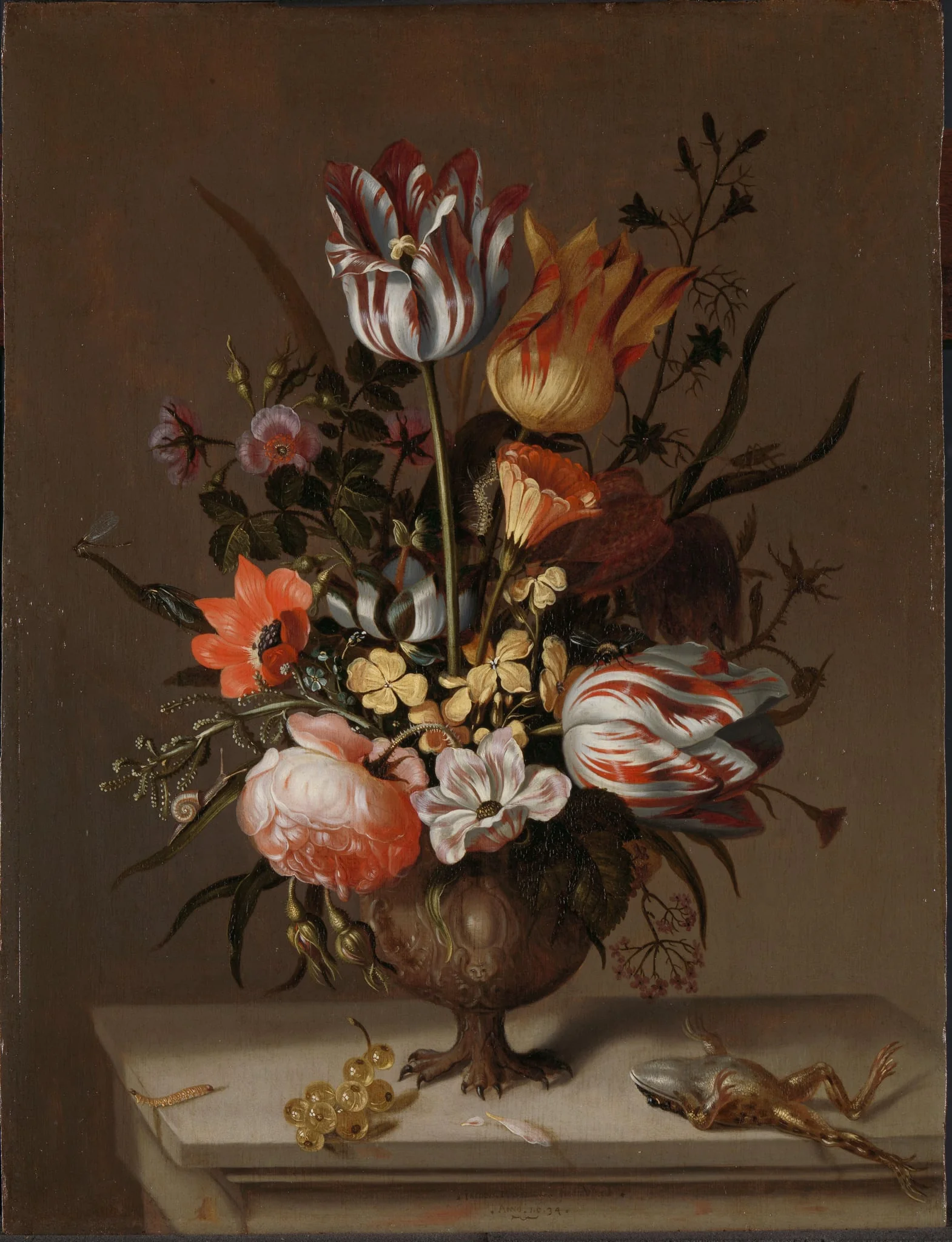 Still Life with a Vase of Flowers and a Dead Frog, by Unknown, unspecified, 1634