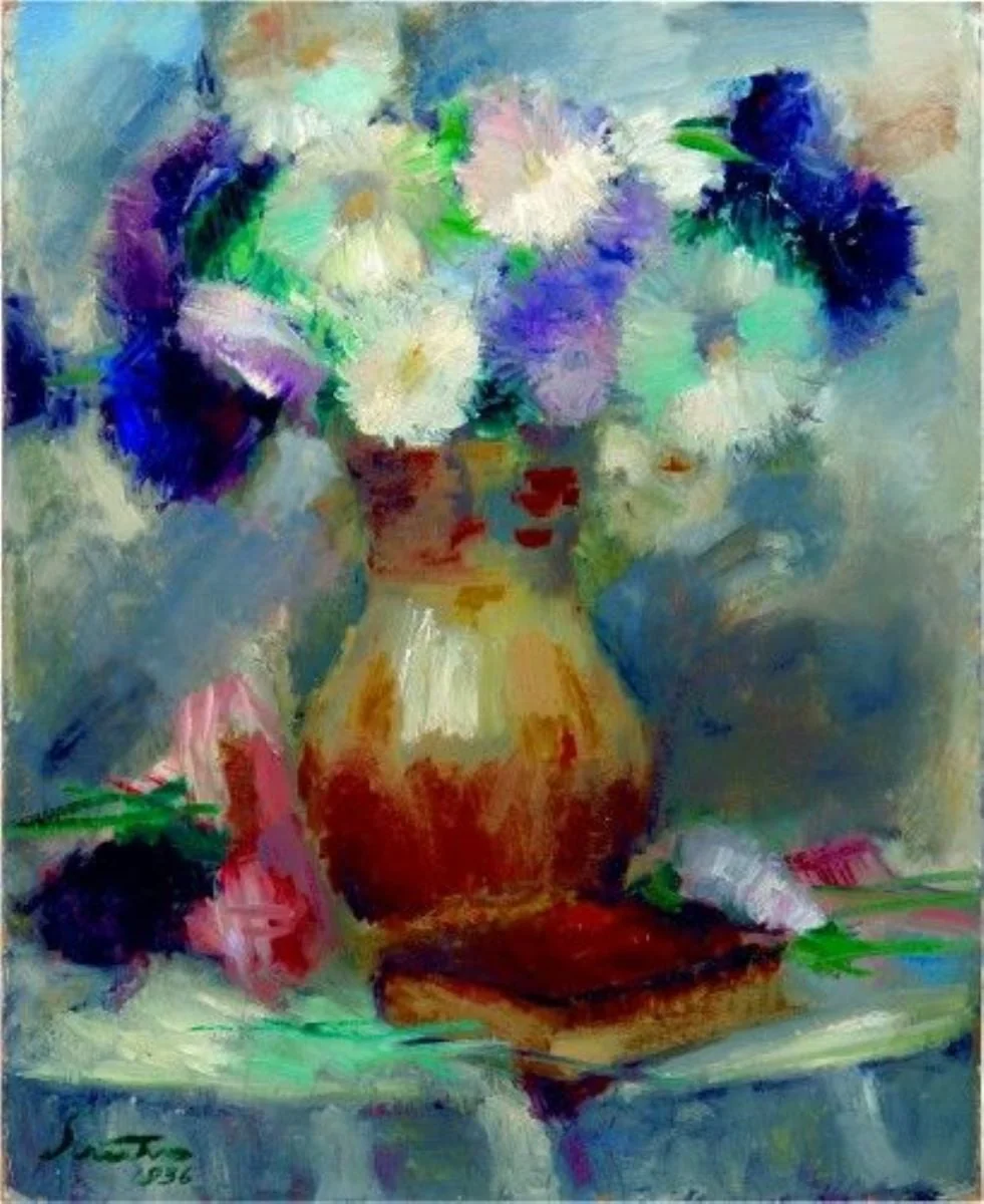 Natură statică cu crizanteme și carte, by Francisc Șirato, 1936