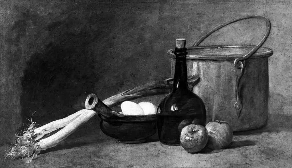 Still life with a copper kettle, bottle, bowl with eggs and two leek plants