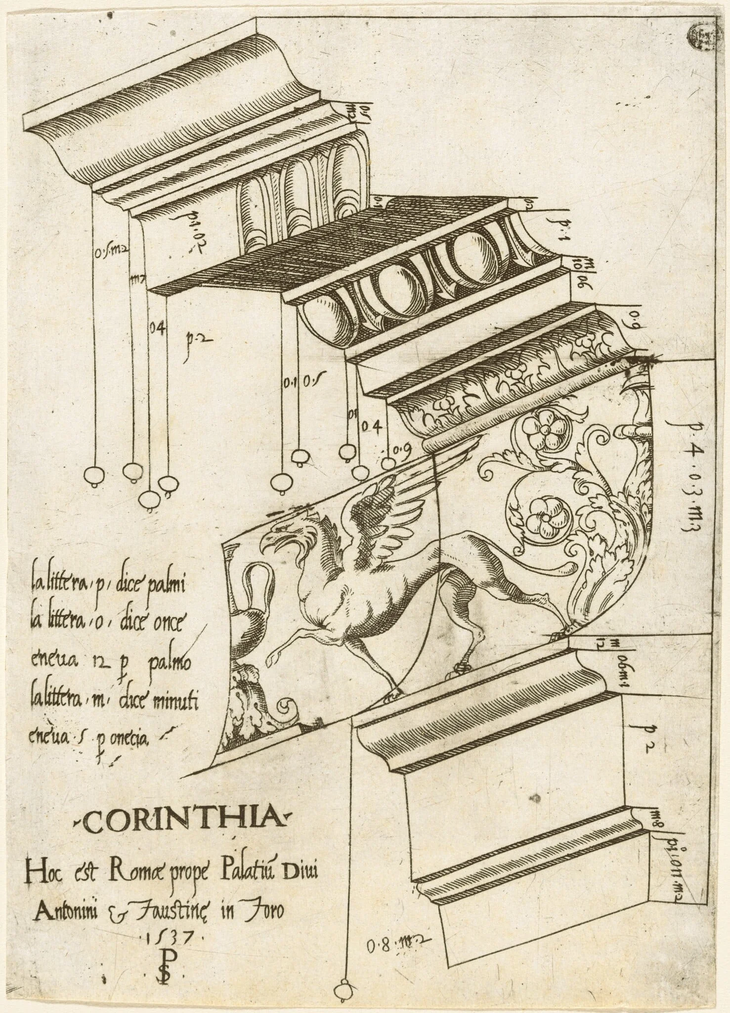 Entablature from the Temple of Antoninus and Faustina, Rome, by Pseudo-Pier Francesco Fiorentino, ink, 1537