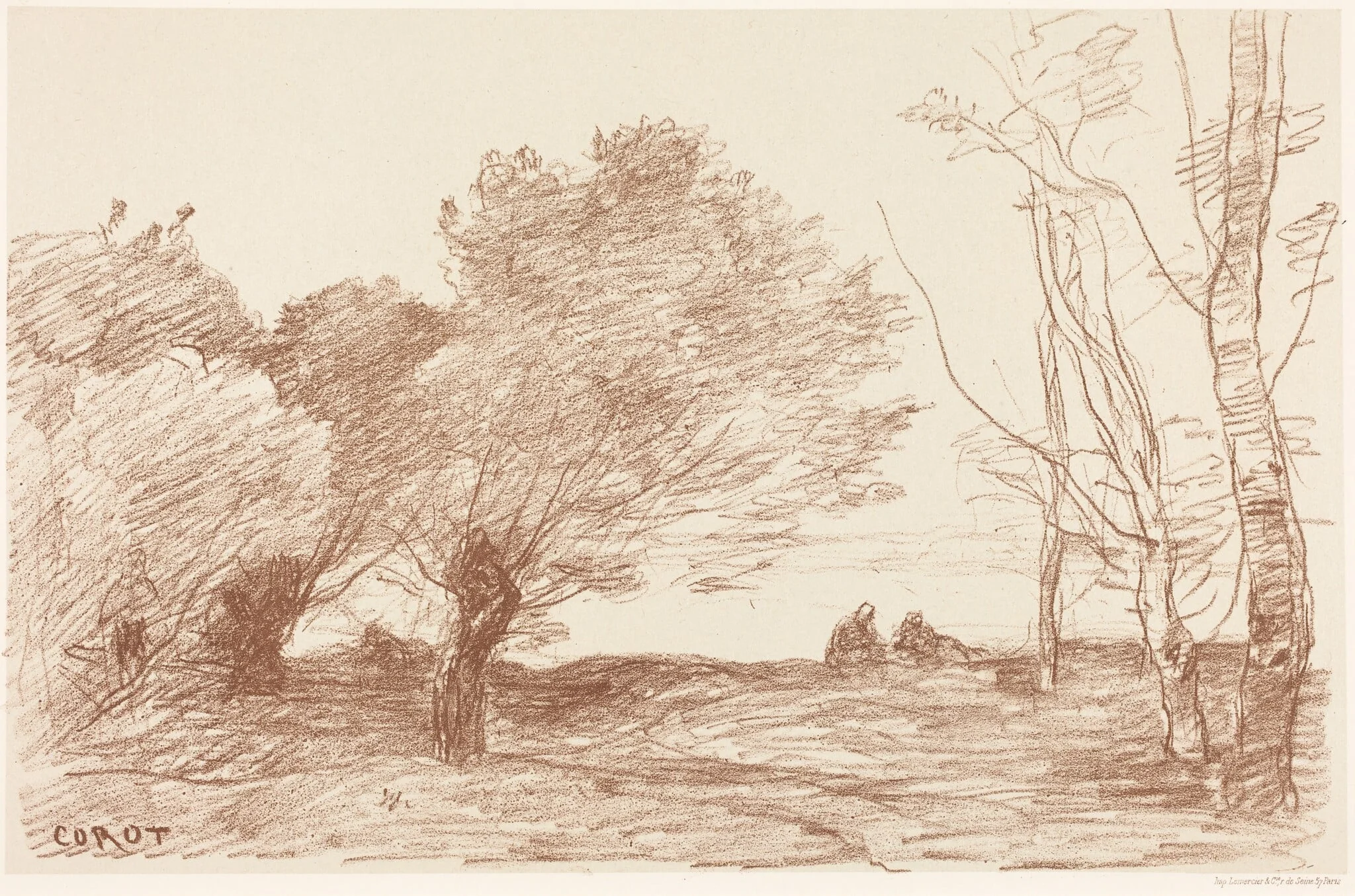 Willows and White Poplars (Saules et peupliers blancs), by Jean Baptiste Camille Corot, ink, 1871