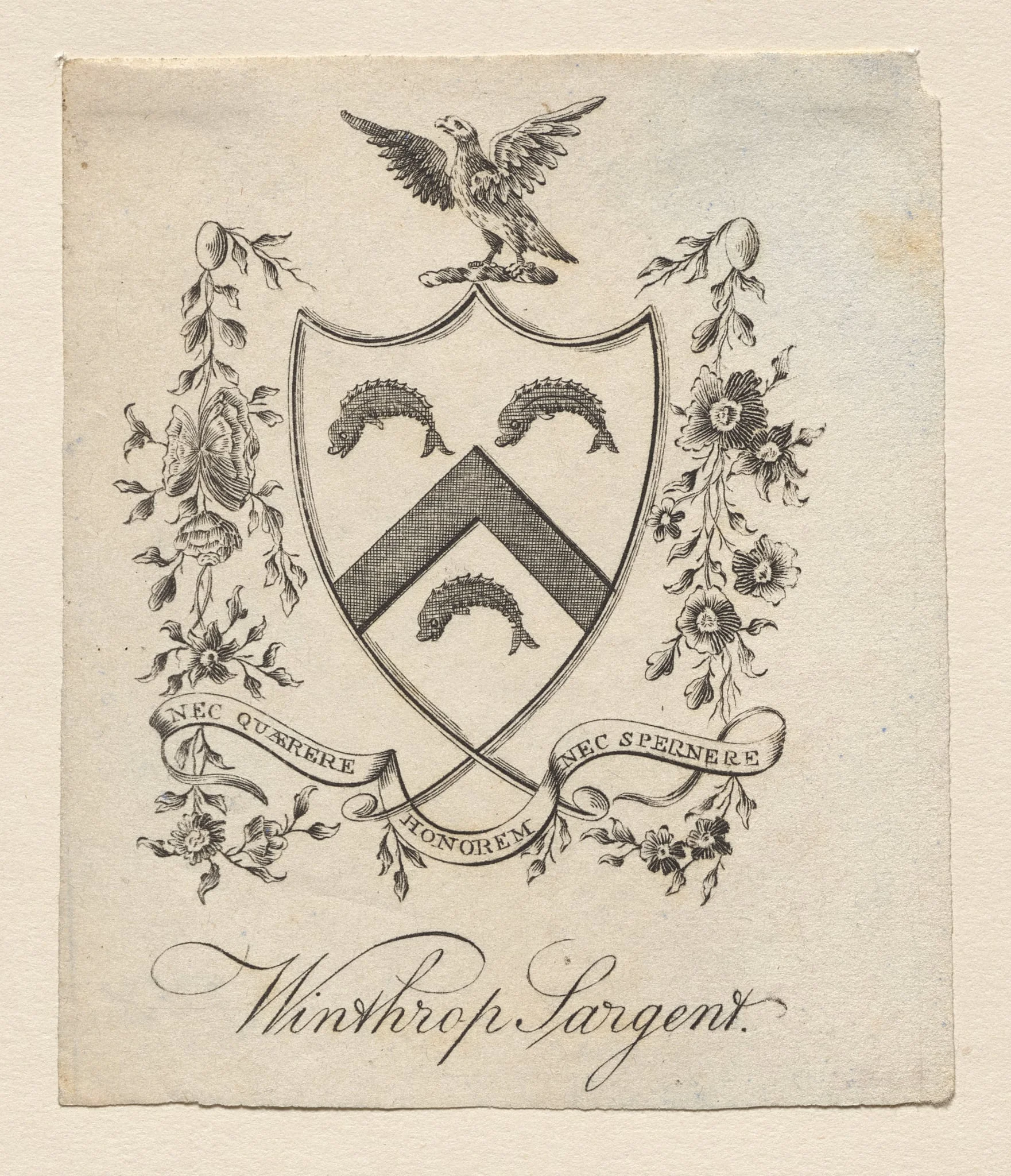 Bookplate:  Coat of Arms with Winthrop Sargent inscribed below, by Joseph Callender, 1796