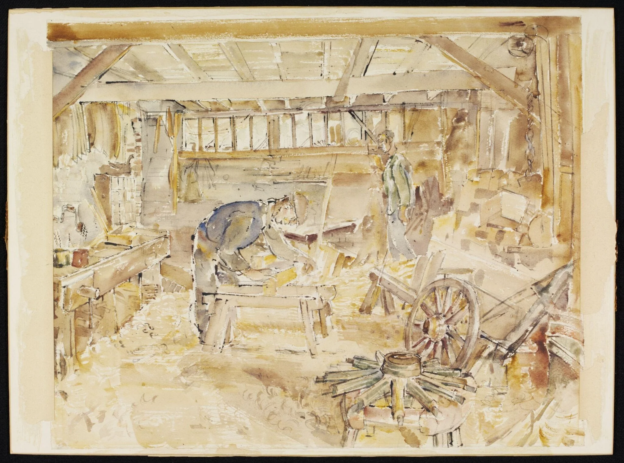 Wheelwrights at work in Mr. J. W. Brunt's Shop, Newington, by Hennell, watercolor, 1940