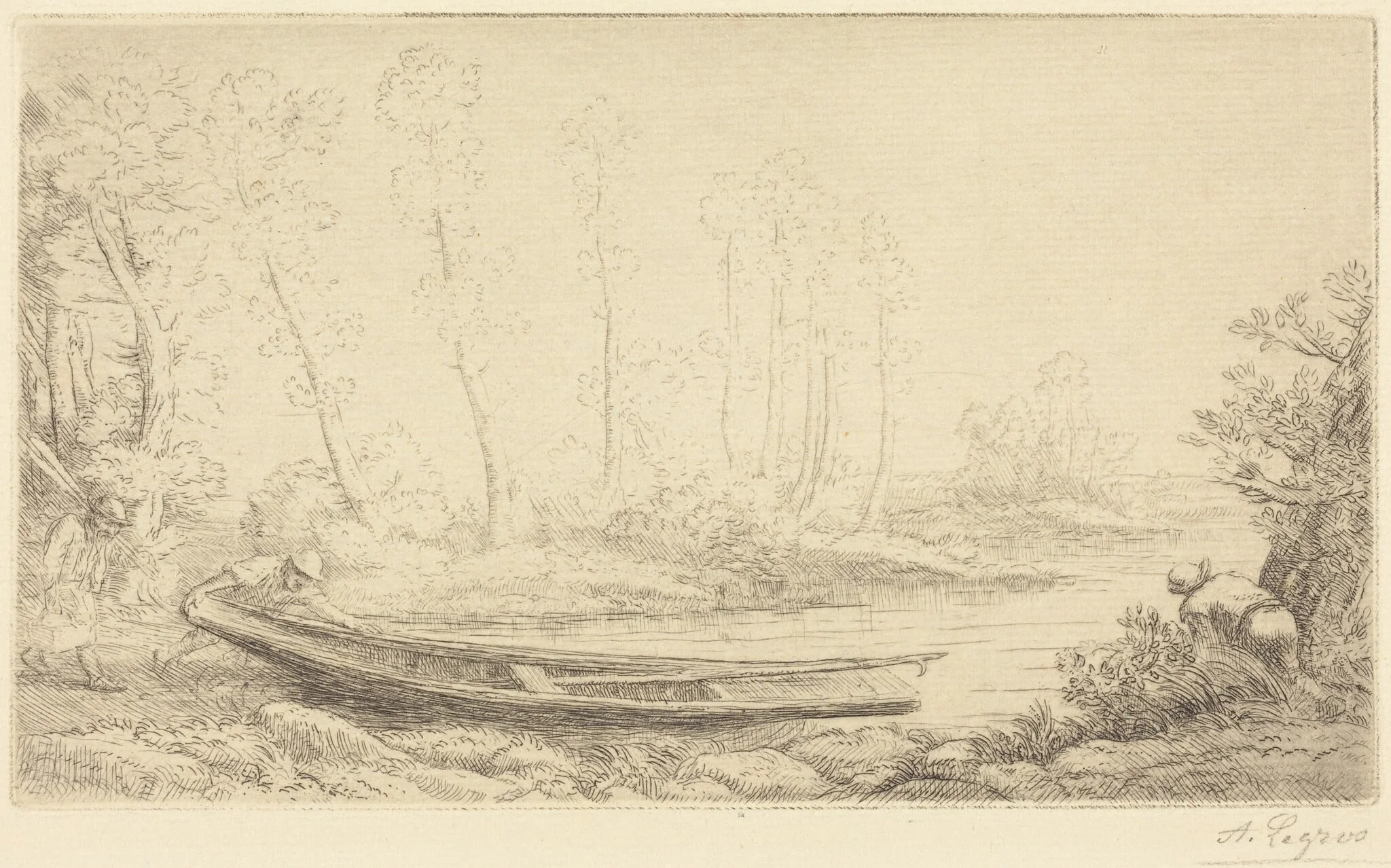 Man with a Punt, Figure to the Right (Pecheurs des truites), by Alphonse Legros, ink, 1874
